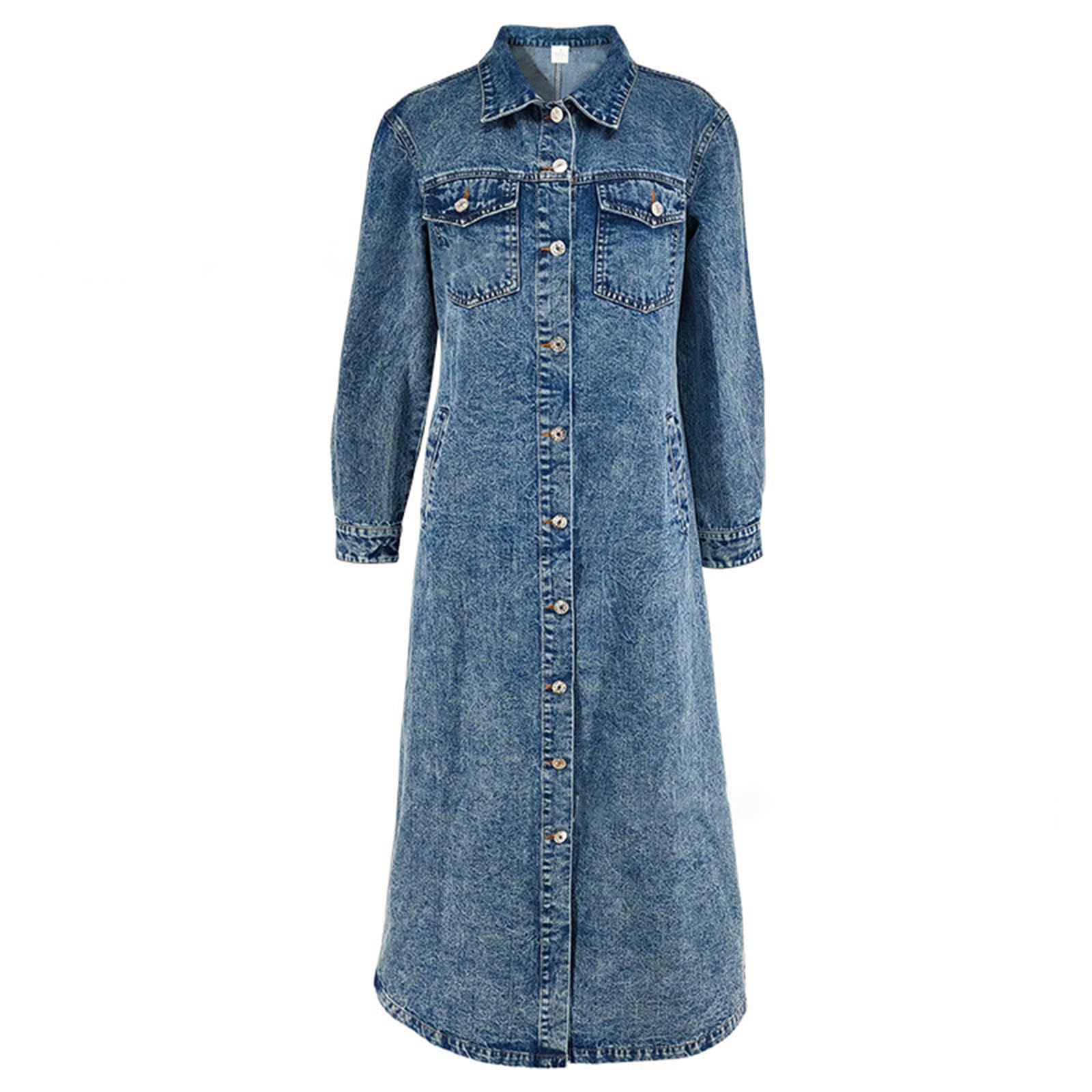 Trench Dżinsowy Długi Damski Klapa Guziki Kurtka Denim Luźna Oversize, Niebieski, S | Wiatroodporny dżins z praktycznymi kieszeniami bocznymi. Łatwe dopasowanie do innych ubrań. Com, idealny do pracy