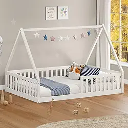IDIMEX Cama Viúva Infantil Montessori Branco Madeira Casa com Estrado Stella