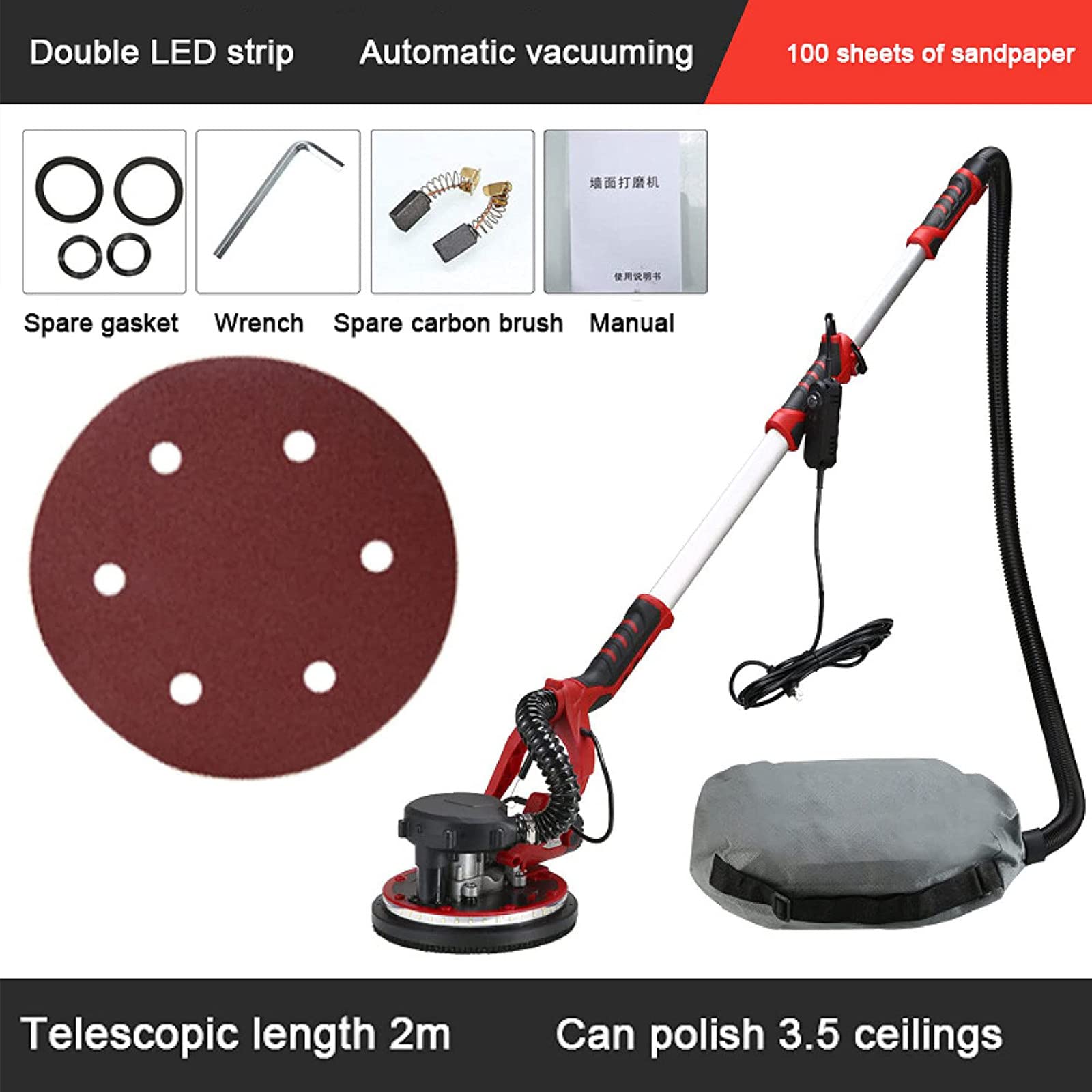 Szlifierka Do Płyt Gipsowo-kartonowych, Elektryczna Składana Szlifierka ścienna 1250 W, Polerka, 6 Zmiennych Prędkości, Podwójne światła Led Z Oświetleniem,100sandpaper