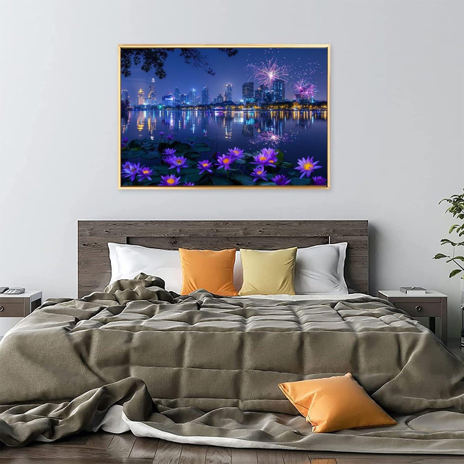 Amazon.co.jp: 絵画 都会の湖と咲き誇る花火 アートパネル ポスター
