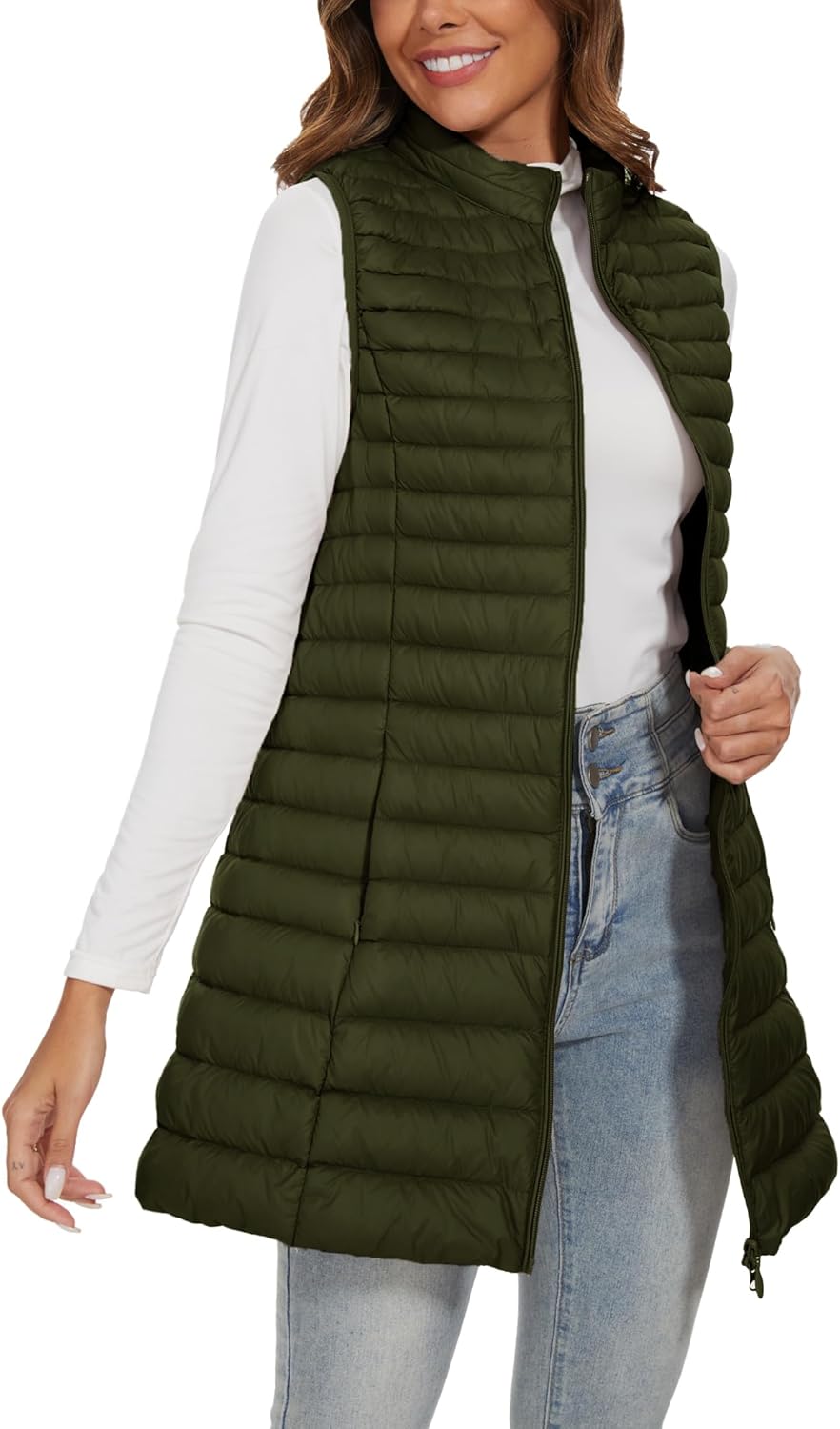 Long Puffer Vest for Women Winter Lightweight Down Vest Black Womens Vests Outerwear Sleeveless Jacket with Pockets