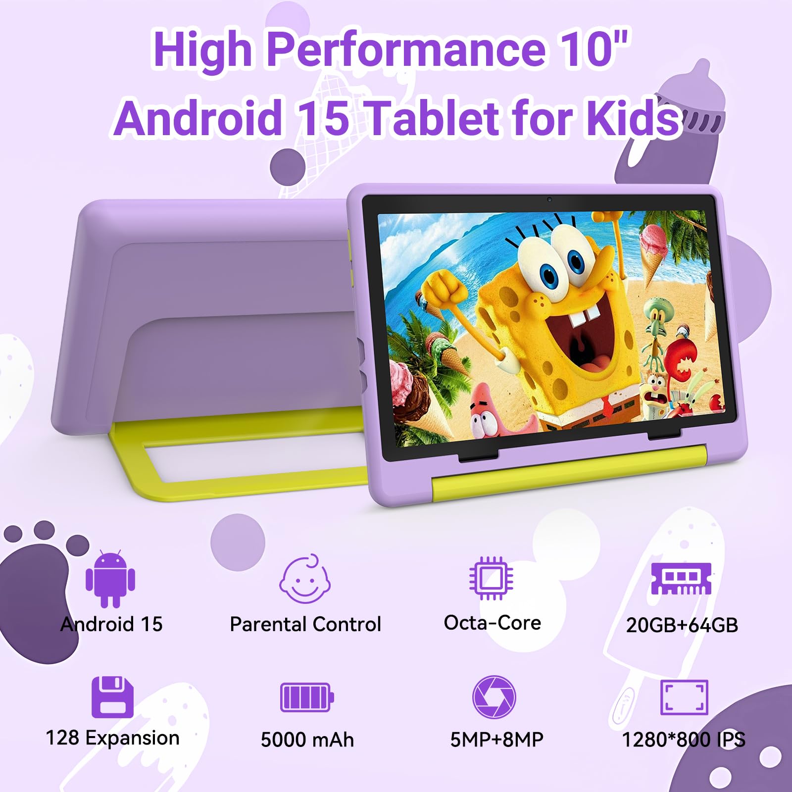 The Laptok Kids Tablet in a vibrant purple finish, featuring its included protective bumper case and integrated kickstand.