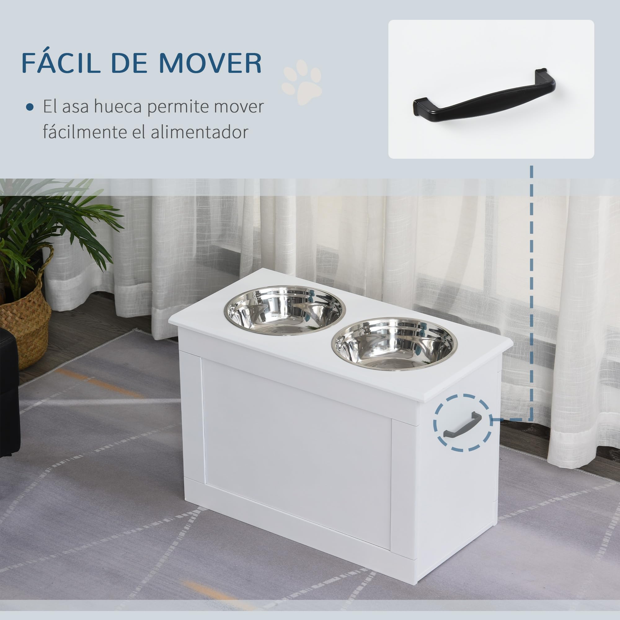 PawHut Comedero Perro Elevado con 2 Cuencos de Acero Inoxidable 2x2000 ml Comedero Elevado para Perros Grandes con Tapa Abatible y Almacenamiento Oculto Blanco