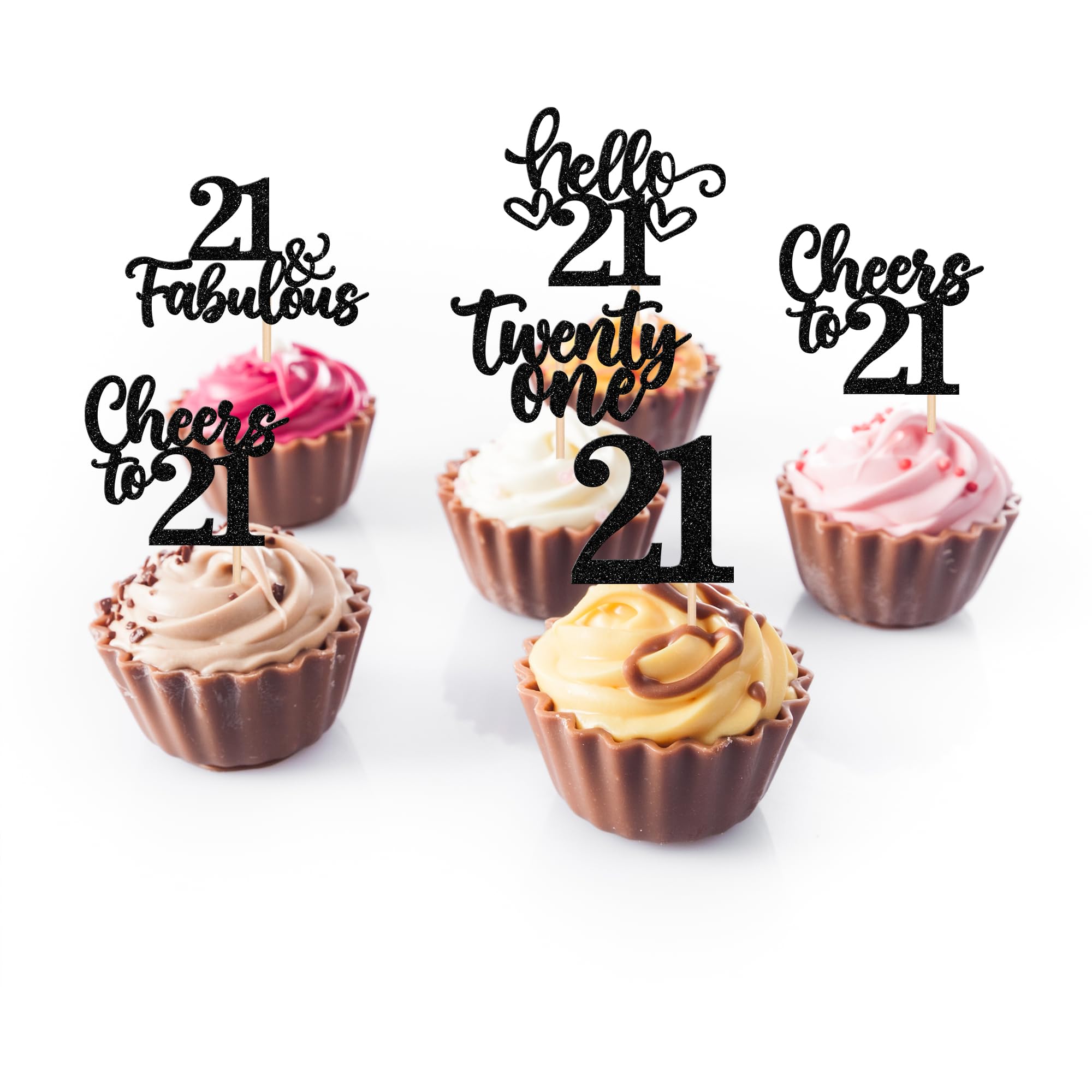 Cupcake-Topper Happy 21st Birthday – Schwarz-gold, 36 Stück, Für 21. Geburtstagsparty