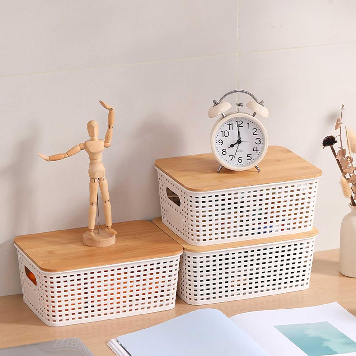 LASIEYO 6 Pack Bamboo Lid Storage Bins - Decorative Organizer Baskets for Pantry