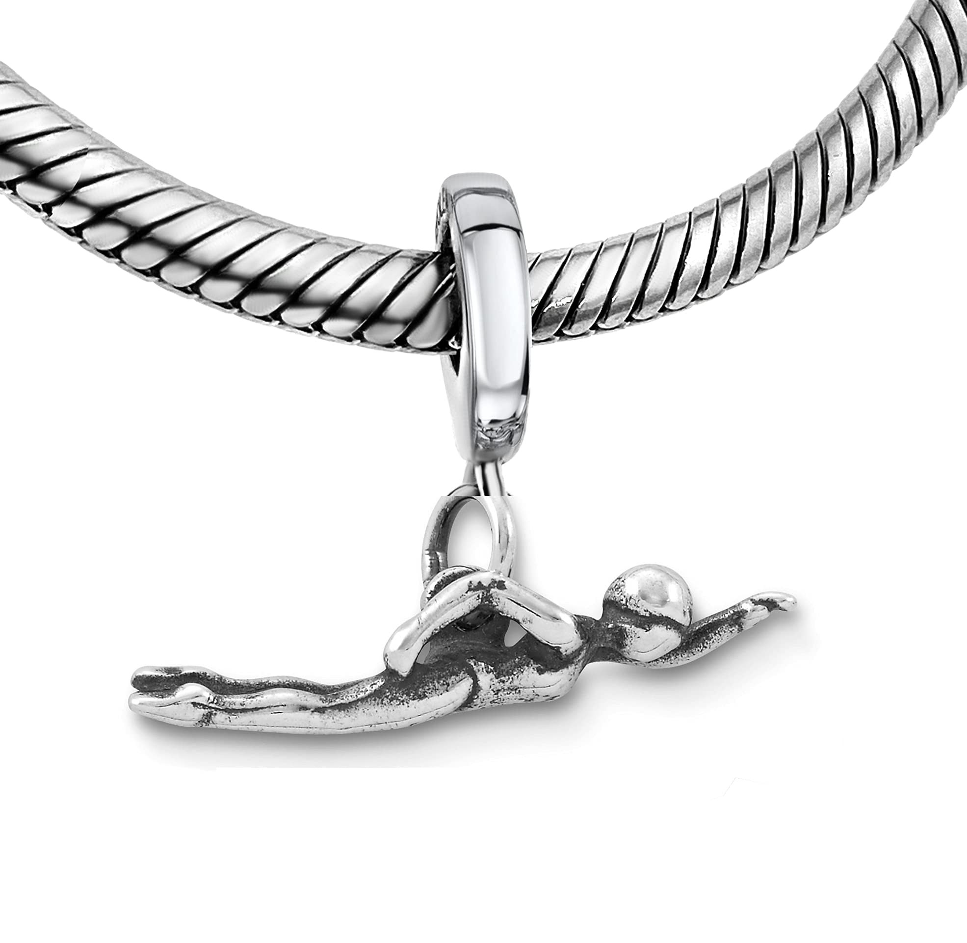 Bolenvi925 Sterling Silver Pendant Charm Bead For Pandora & Similar Charm Bracelets or Necklaces (Swim Swimmer Swimming), Sterling Silver, No Gemstone