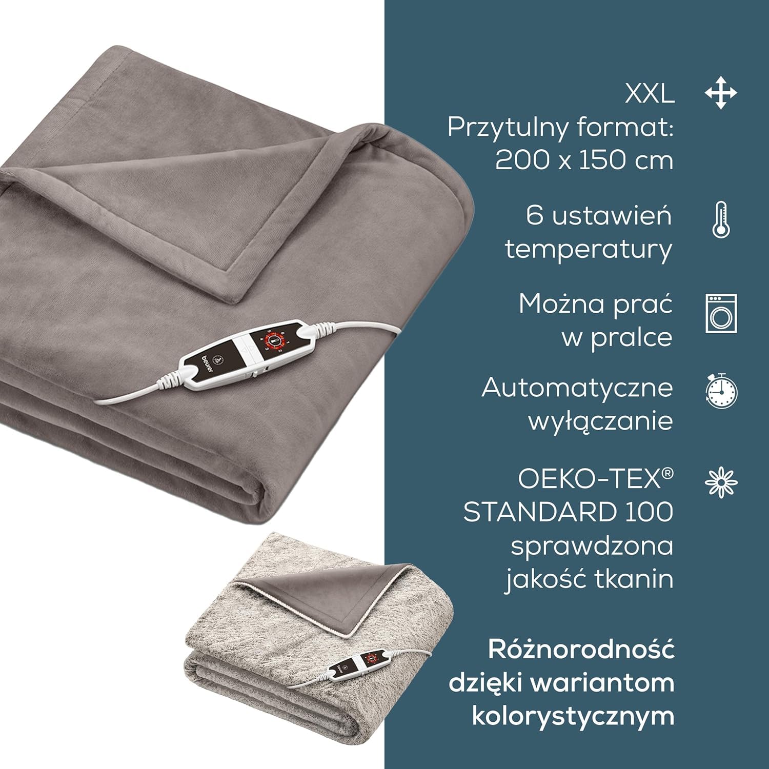 Beurer HD 150 XXL Taupe koc grzewczy, elektryczny koc z automatycznym wyłączaniem, 200 x 150 cm, 6 ustawień temperatury, możliwość prania w pralce, przytulny koc o wyglądzie futra, beżowy / brązowy