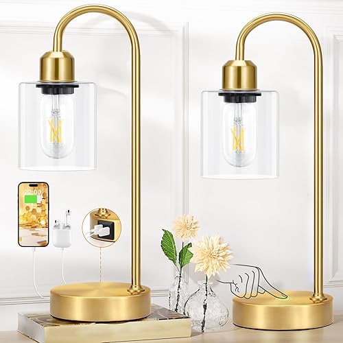 Juego de 2 lámparas de mesa industriales doradas  Juego de 2 lámparas de escritorio táctiles regulables de 3 vías con puertos USB C+A, lámpara de