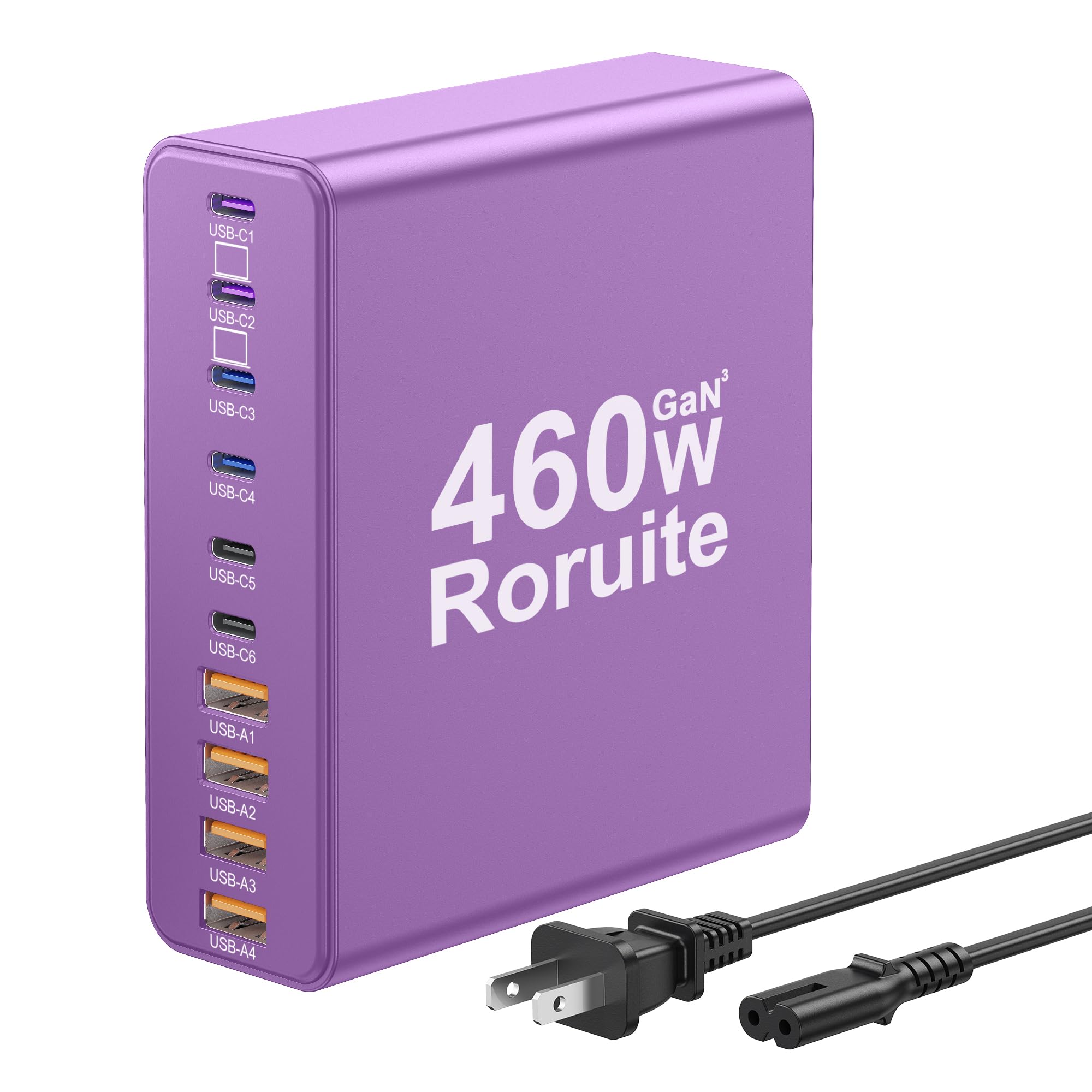 460W USB C Charger Block 10-Port Charging Station GaN Charger Type C,Dual 65W Laptop Multiport Fast for MacBook, iPhone, Samsung, Galaxy, iPad, Android, Purple