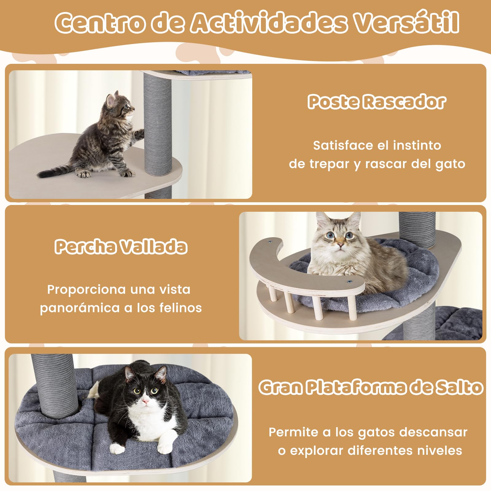 COSTWAY Árbol Rascador para Gatos de 236-271 cm Ajustable en Altura, Árbol para Gatos de Suelo a Techo con Percha, Condominio, Postes Rascado, Plataformas y Cojines, Torre Gato Alta de 5 Niveles, Gris