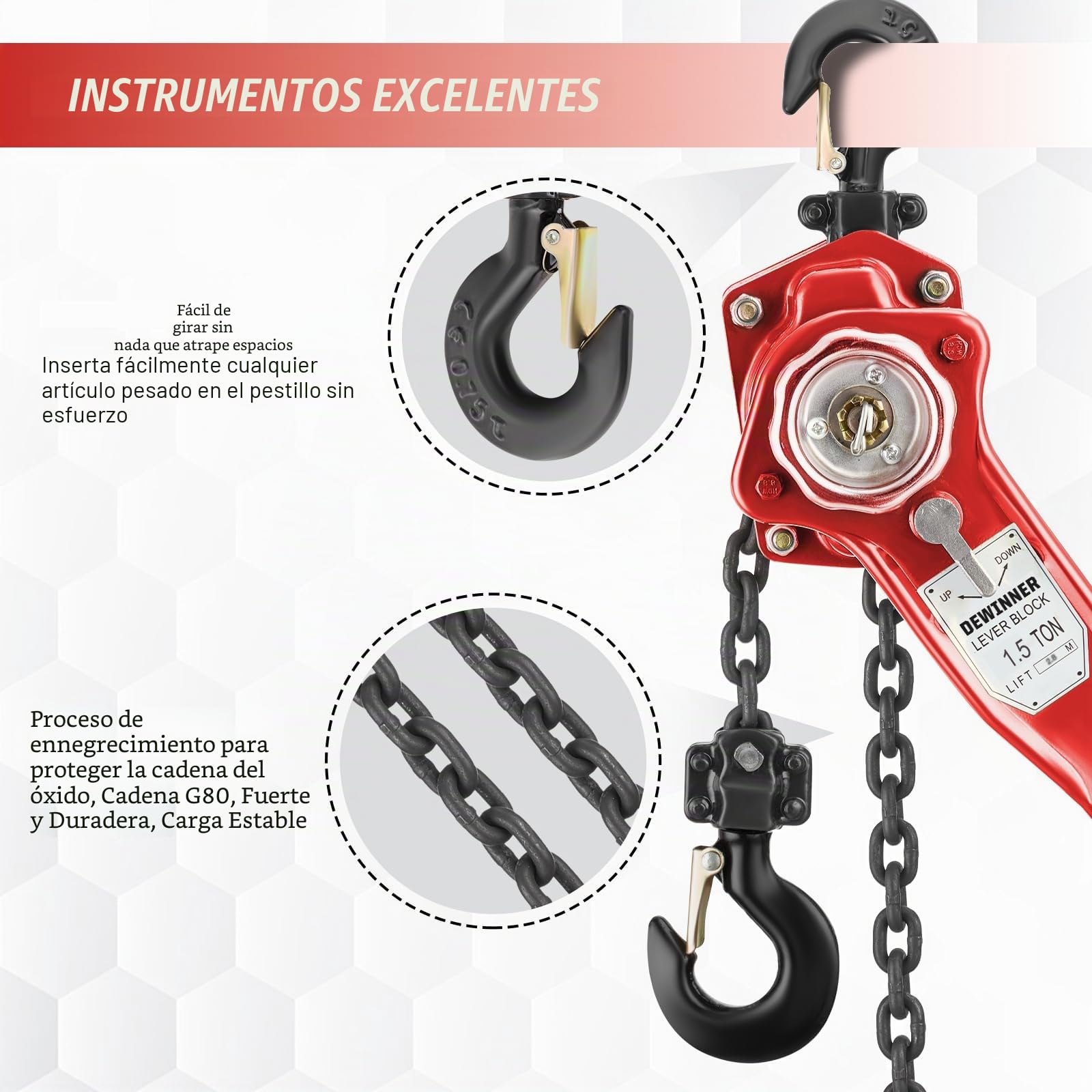 Polipasto manual de palanca de 1,5 toneladas, altura de elevación 2,8 m, cadena G80 de acero al carbono, gancho orientable a 360°