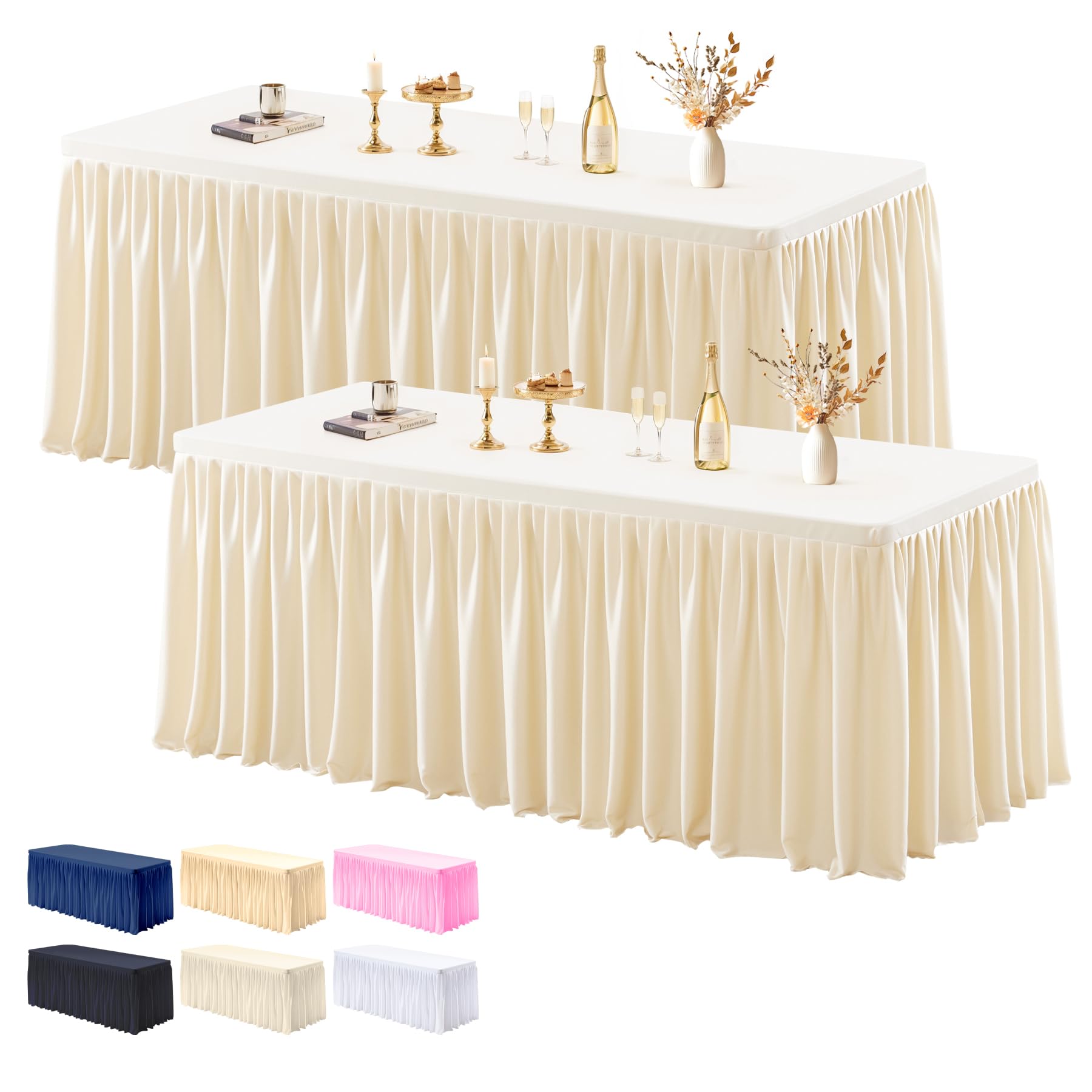 2 Pack Champagne Tablecloths for Rectangle Tables 8ft, Wrinkle Resistant Spandex Tablecover Fitted Stretch Table Cloth with Pleated Ruffle Table