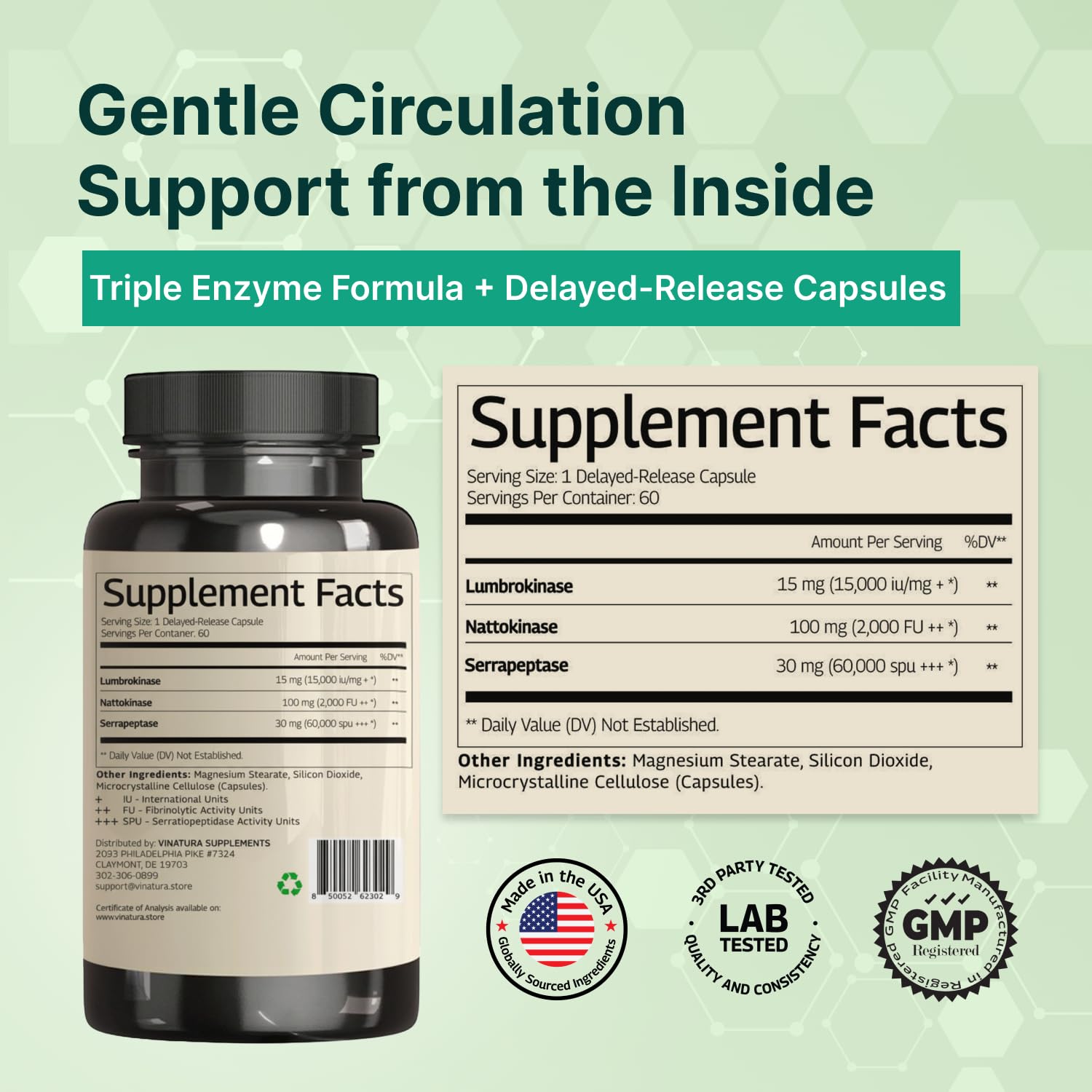 VINATURA Lumbrokinase Serrapeptase Nattokinase - Nattokinase 2000 FU, Lumbrokinase Enzymes Supplement for Blood Circulation Support - 60 Capsules — Amazon image 3