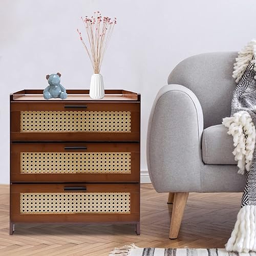Miniatura 8 de Mesita de noche de bambú natural con 3 cajones, mesa auxiliar de mediados de siglo, para dormitorio, sala de estar, entrada, color marrón oscuro