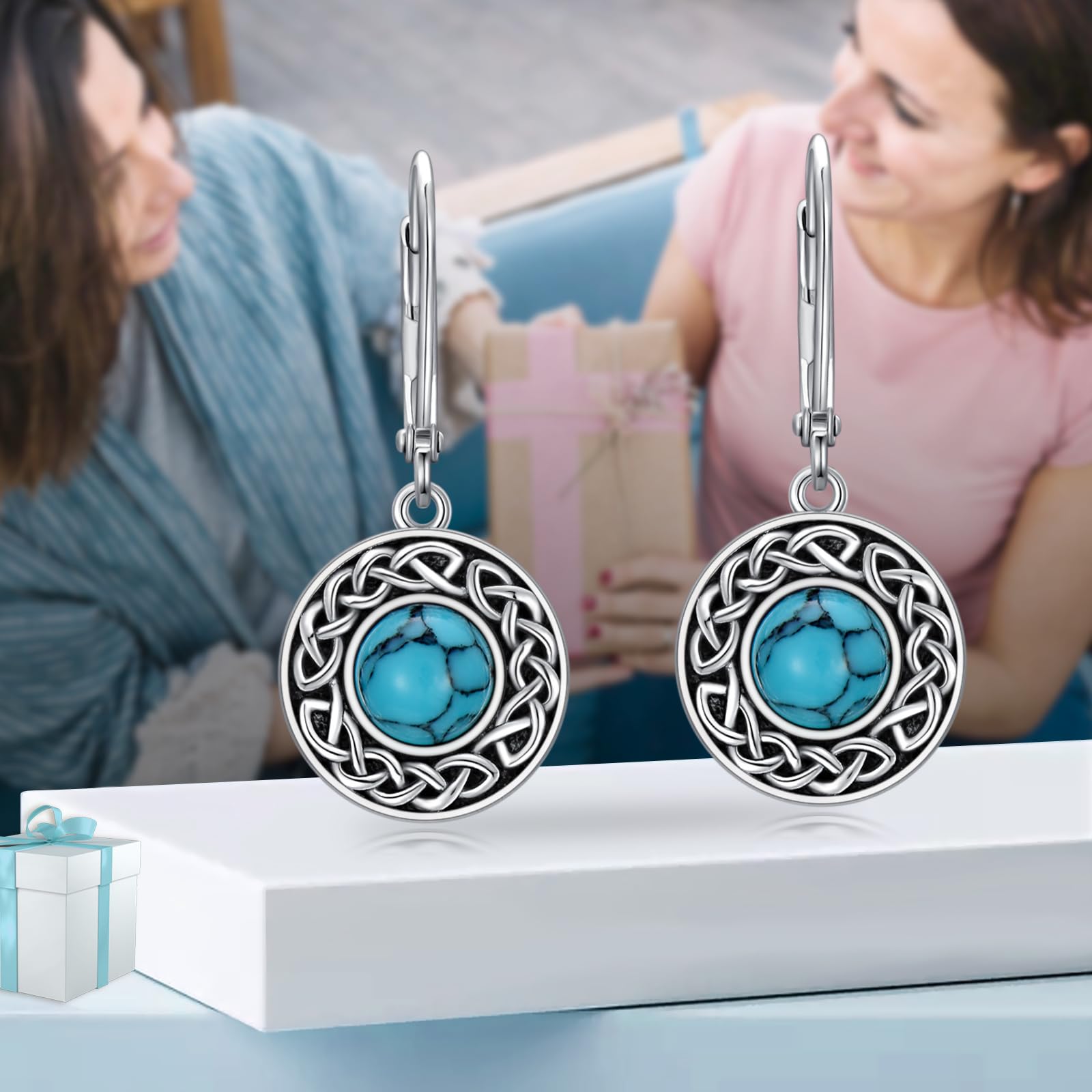 AXELUNA Pendientes de plata de ley 925 turquesa con nudo celta boho redondo turquesa gota pendientes de joyería occidental regalo para mujeres madre esposa