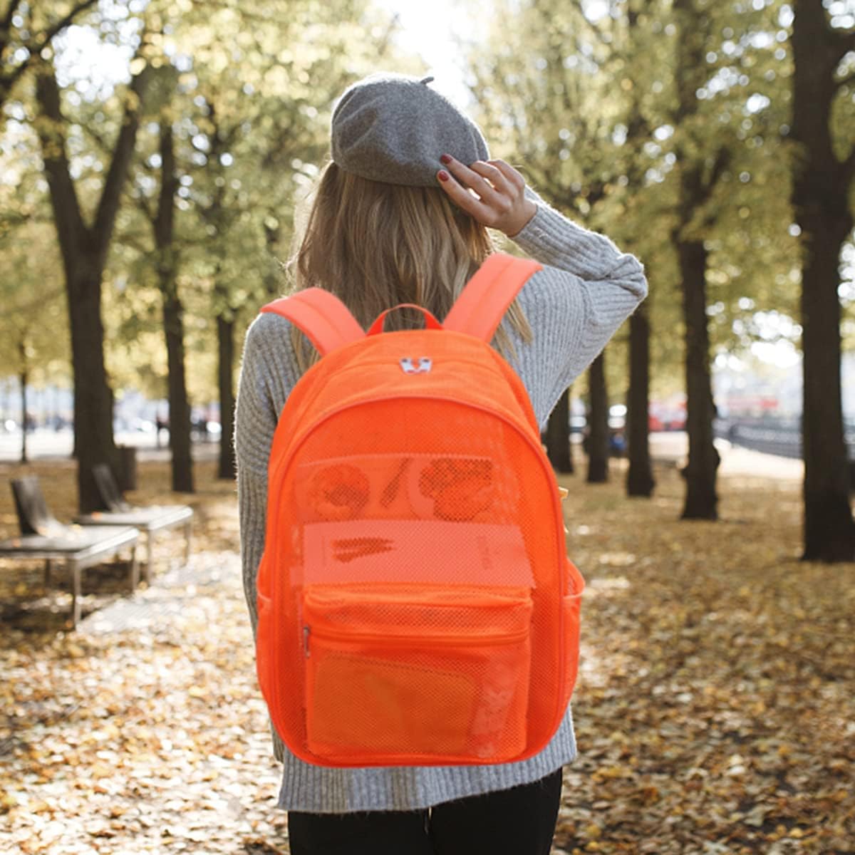 Heavy Duty Mesh Backpack, See Through College Backpack with Padded Shoulder Straps for Commuting, Swimming, Travel, Beach, Outdoor Sports (Orange) - Image 2
