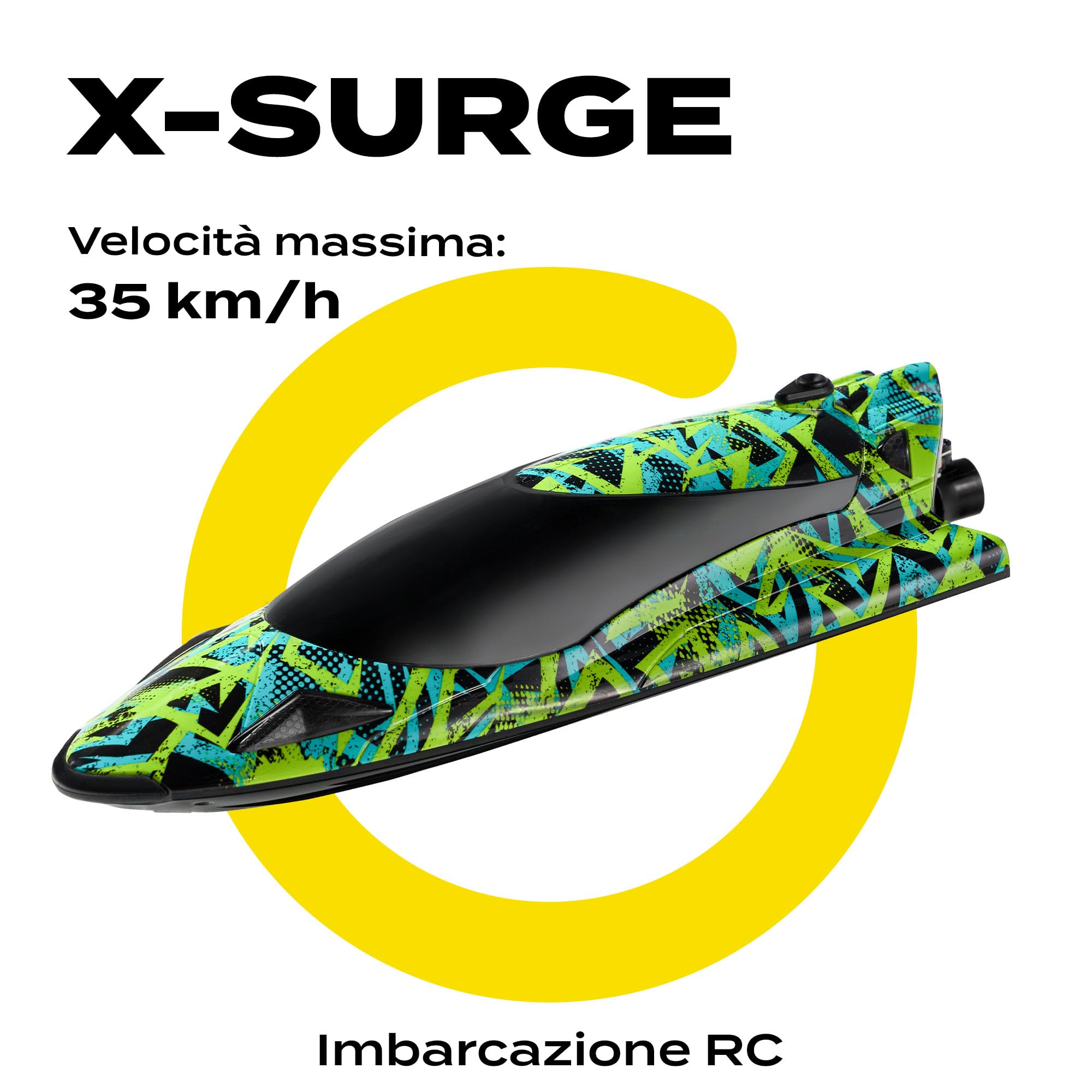 OVERMAX X-SURGE Barca da Corsa RC Telecomandata con Luce LED 35 km/h 1200 mAh Batterie 30 min di Divertimento Controllo Velocità Portata fino a 100 m, Giocattolo per Piscine e Laghi