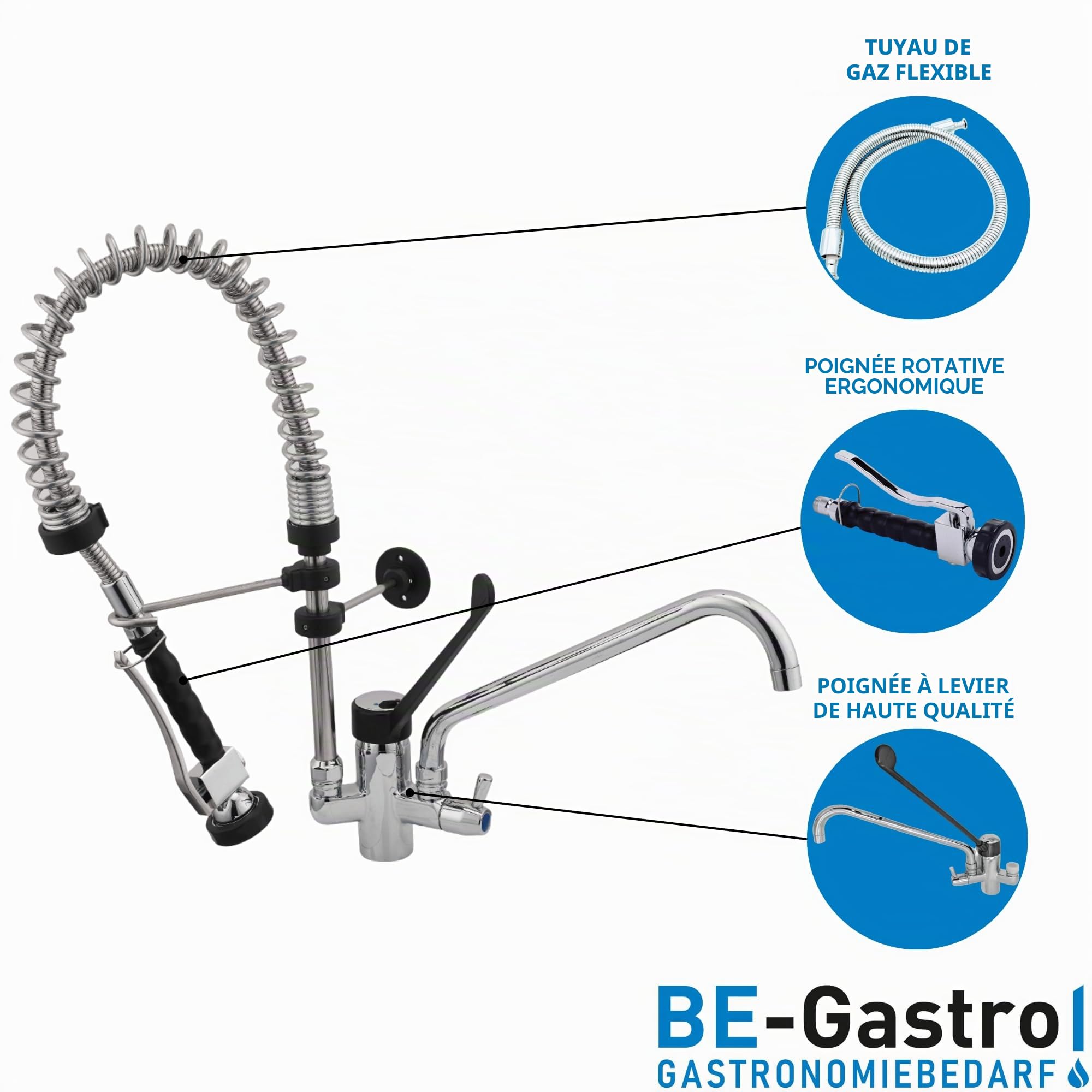 BE-GASTRO I Profi Premium Douchette de vaisselle professionnelle avec robinet, robinet industriel, douchette industriel, mitigeur et poignée longue ergonomique I Douchette gastronomique (60 cm)