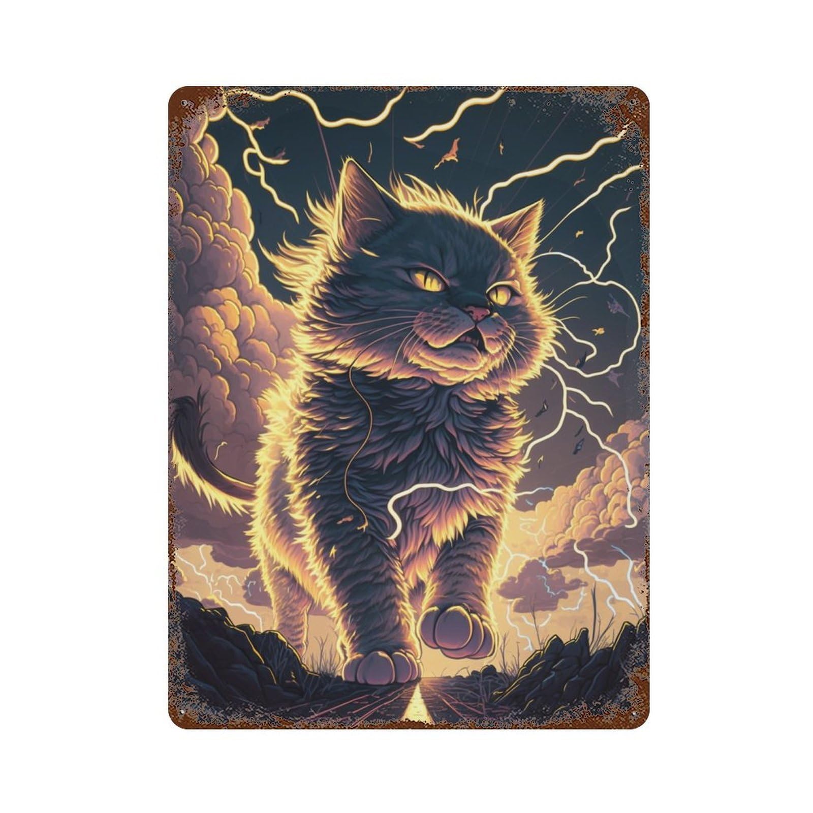 Garage Style Thundering Cat Storm Artwork Retro Metal Sign 15.7"x11.8", Industrial Home Decor for Bar And Workshop