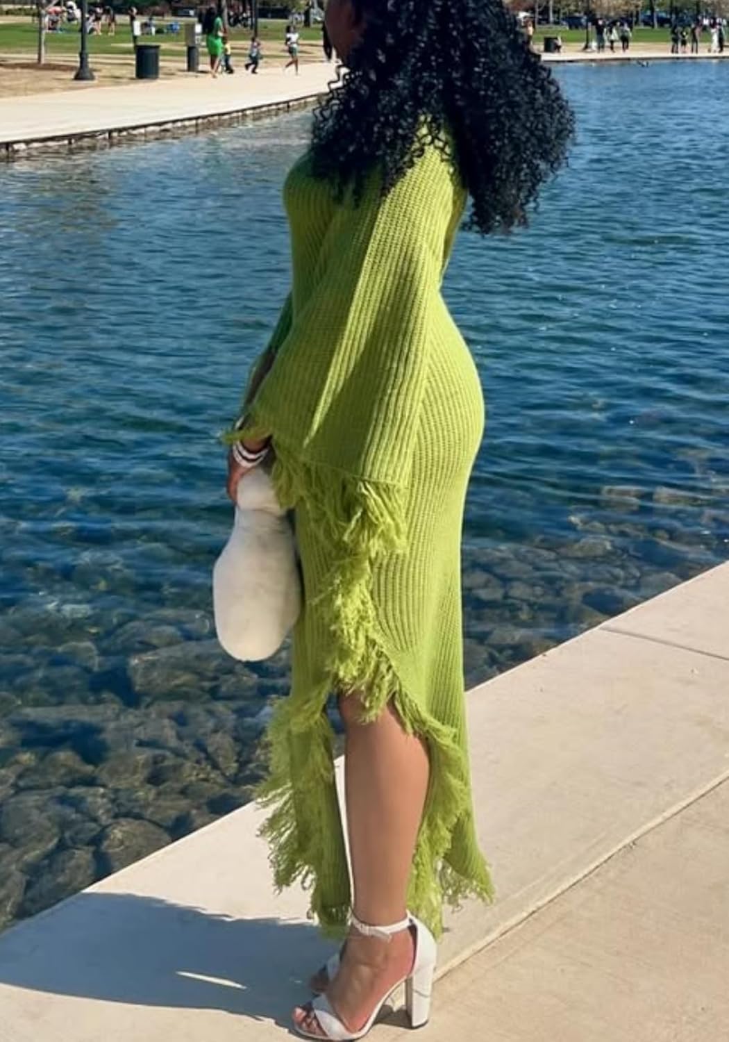 Vaceky Fringe Sweater Dresses Women Trendy Mock Neck Big Bell Sleeve High Slit Dress - Image 4