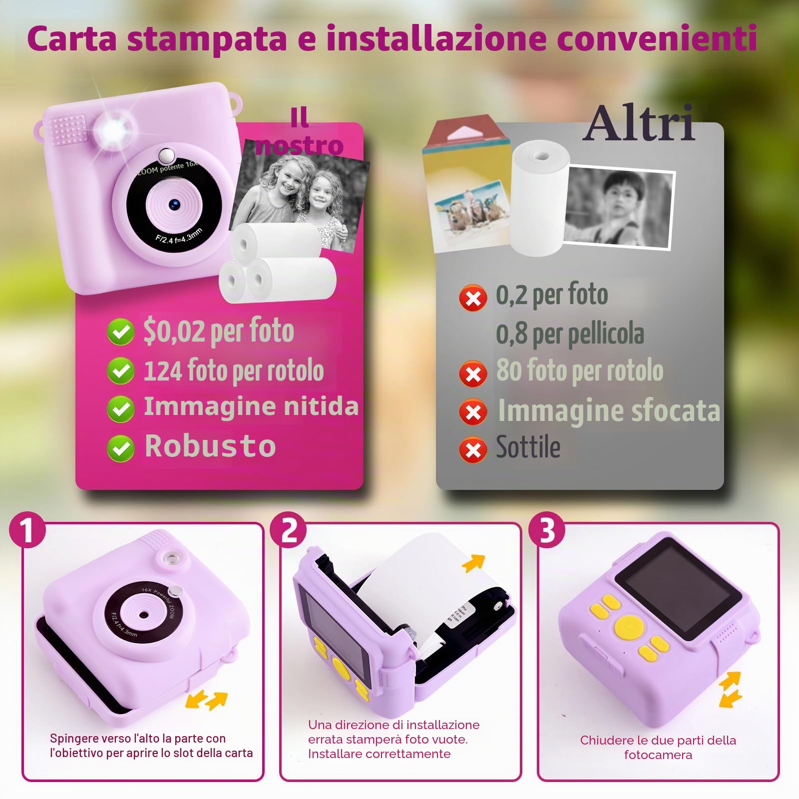 CHRERNA Macchina Fotografica Bambini Istantanea,2,4 Pollici Fotocamera Istantanea Bambini con 32GB Scheda, 1080P HD Fotocamera Digitale Bambina, Regalo per Ragazze Ragazzi da 3-12 Anni