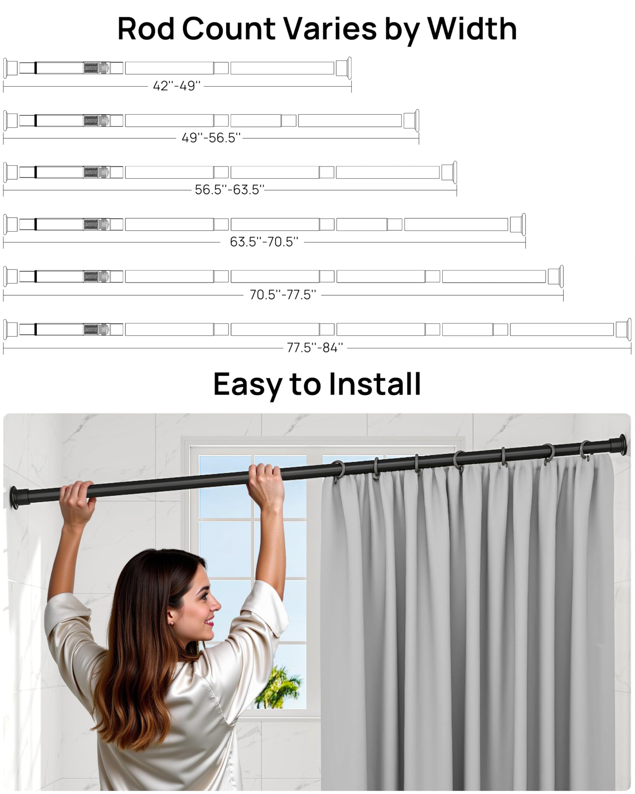ALLZONE Heavy Duty Tension Shower Curtain Rod 42-83 Inches for Bathroom, Window, Non-Slip, Adjustable with Strong Spring Pole for Closet, Doorway, No Rust, No Drilling, Black