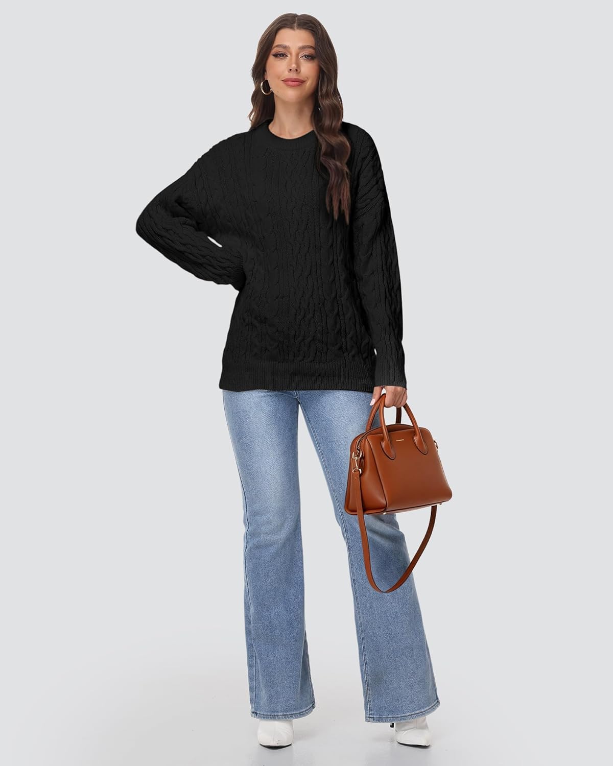 Women Oversized Sweater Crewneck Cable Knit Pullover Sweater Top Long Sleeve Fall Winter Loose Chunky Cozy Sweaters - Image 3