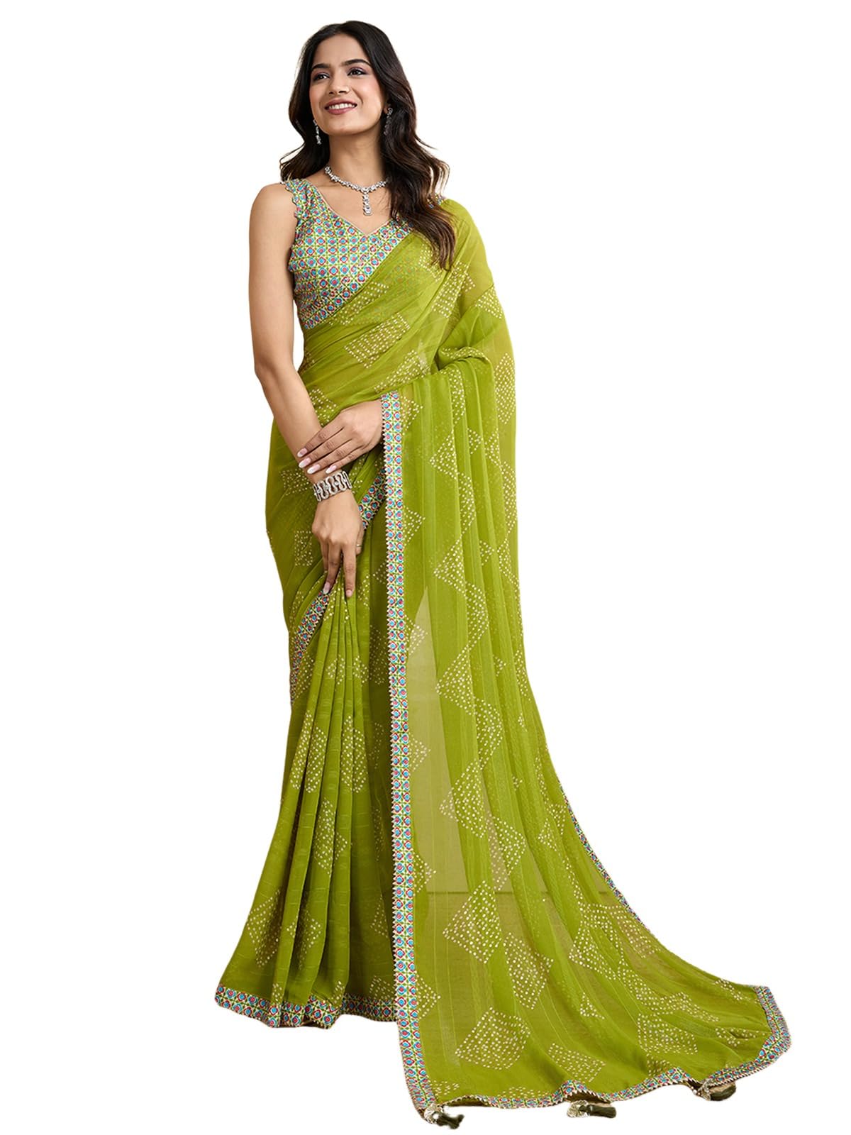 Satrani Women's Georgette Bandhani Printed Foil Work Saree With Unstitched Blouse Piece (4292S923N_Green)
