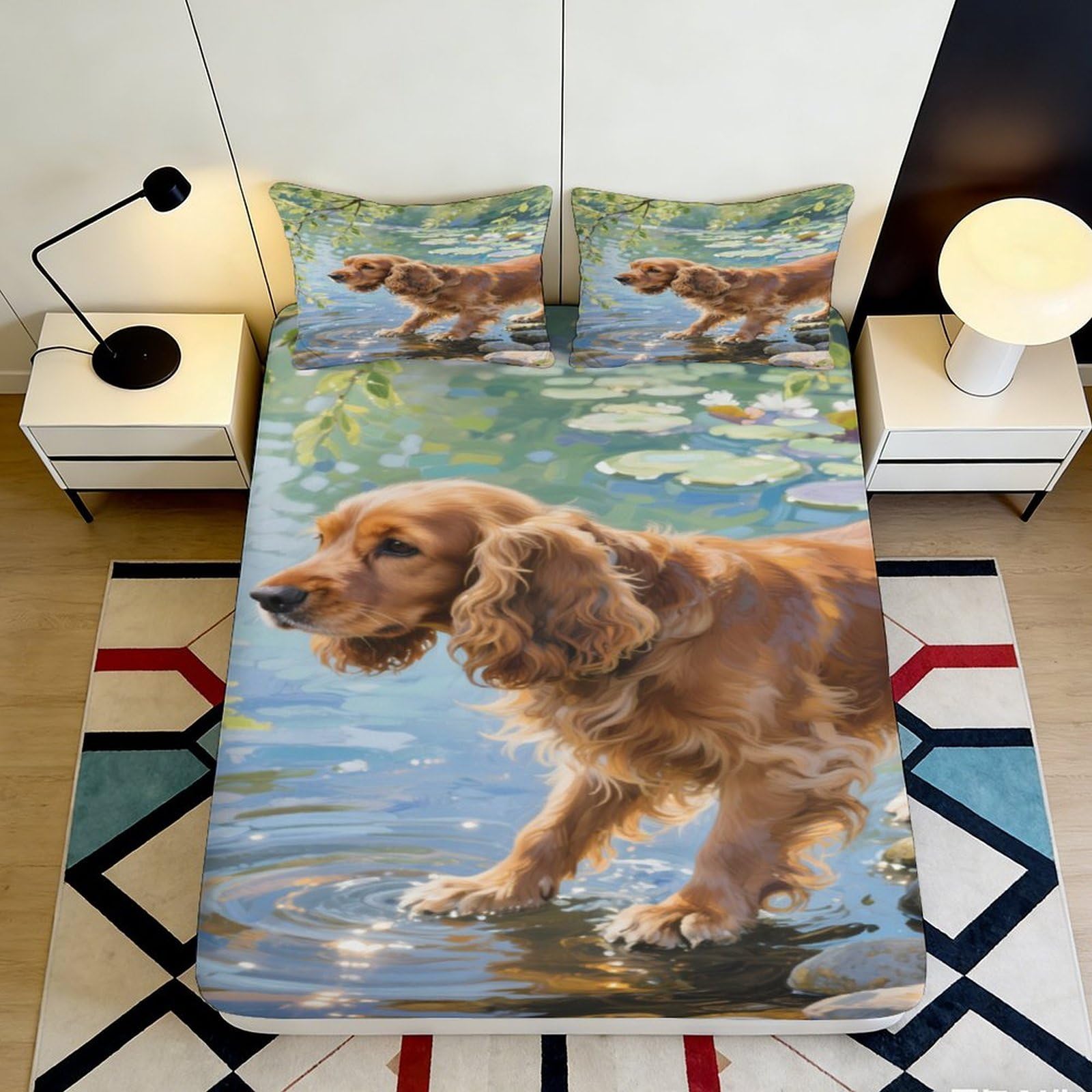 3D Printed Water Reflection Dog Fitted Sheet Microfiber Anti-Slip Mattress Cover Bedroom Decor Easy Care for All Ages 90x200x25cm