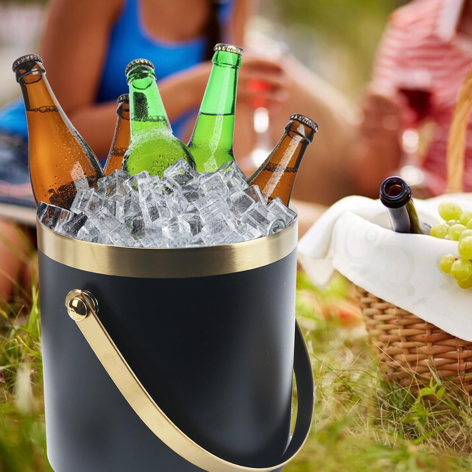 3L cubiteras para hielo grande hielera portátil cubiteras para botellas de doble pared de acero inoxidable champanera con Tapa Colador Cuchara hielo y Pinza para Bar Fiestas de picnics Negro