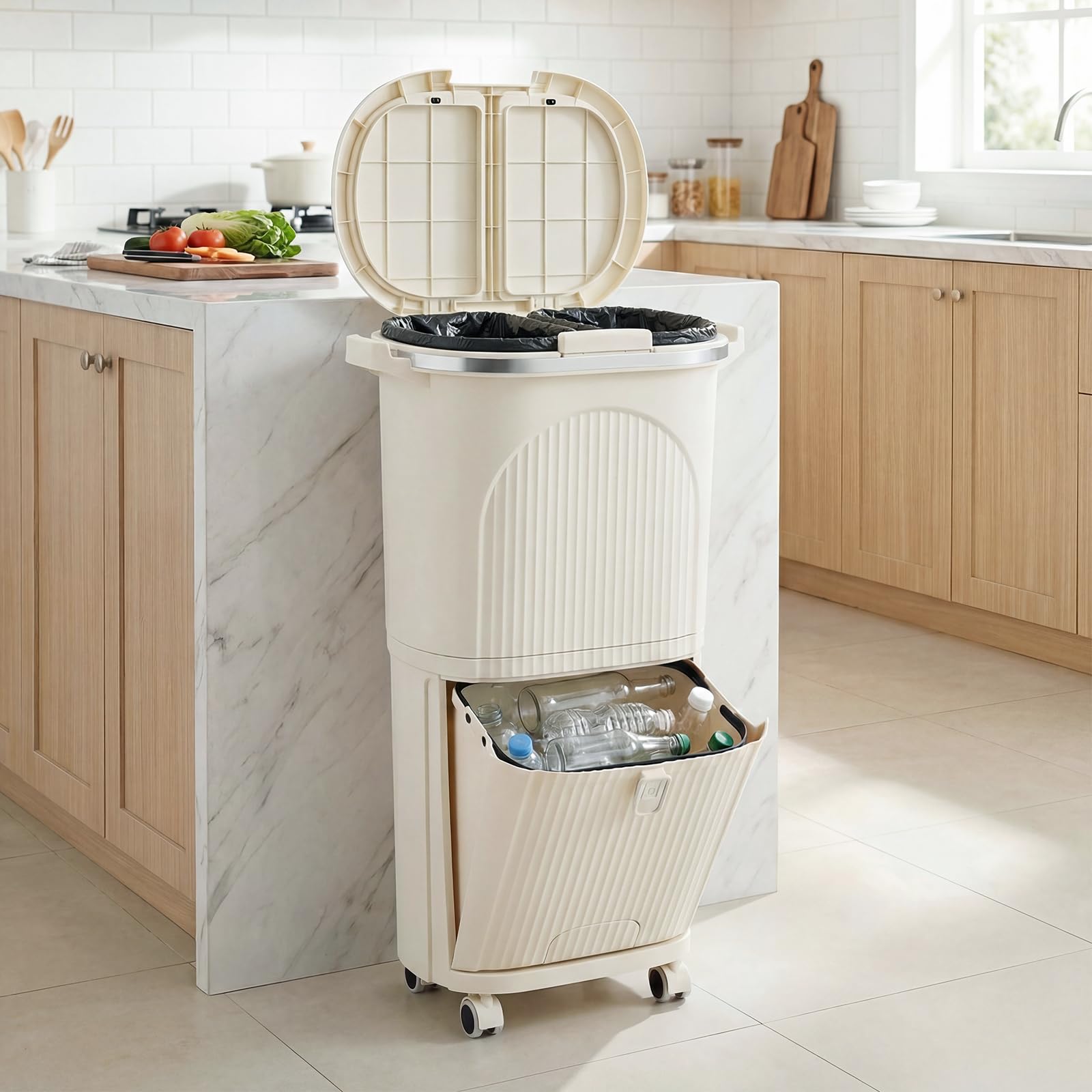 Giantex Bidone per Spazzatura Interno 38 L, Pattumiera da Cucina Differenziata a 3 Scomparti con Ruote e Maniglie, Secchio dei Rifiuti in PP on Coperchi a Pressione e Pedale (Beige)