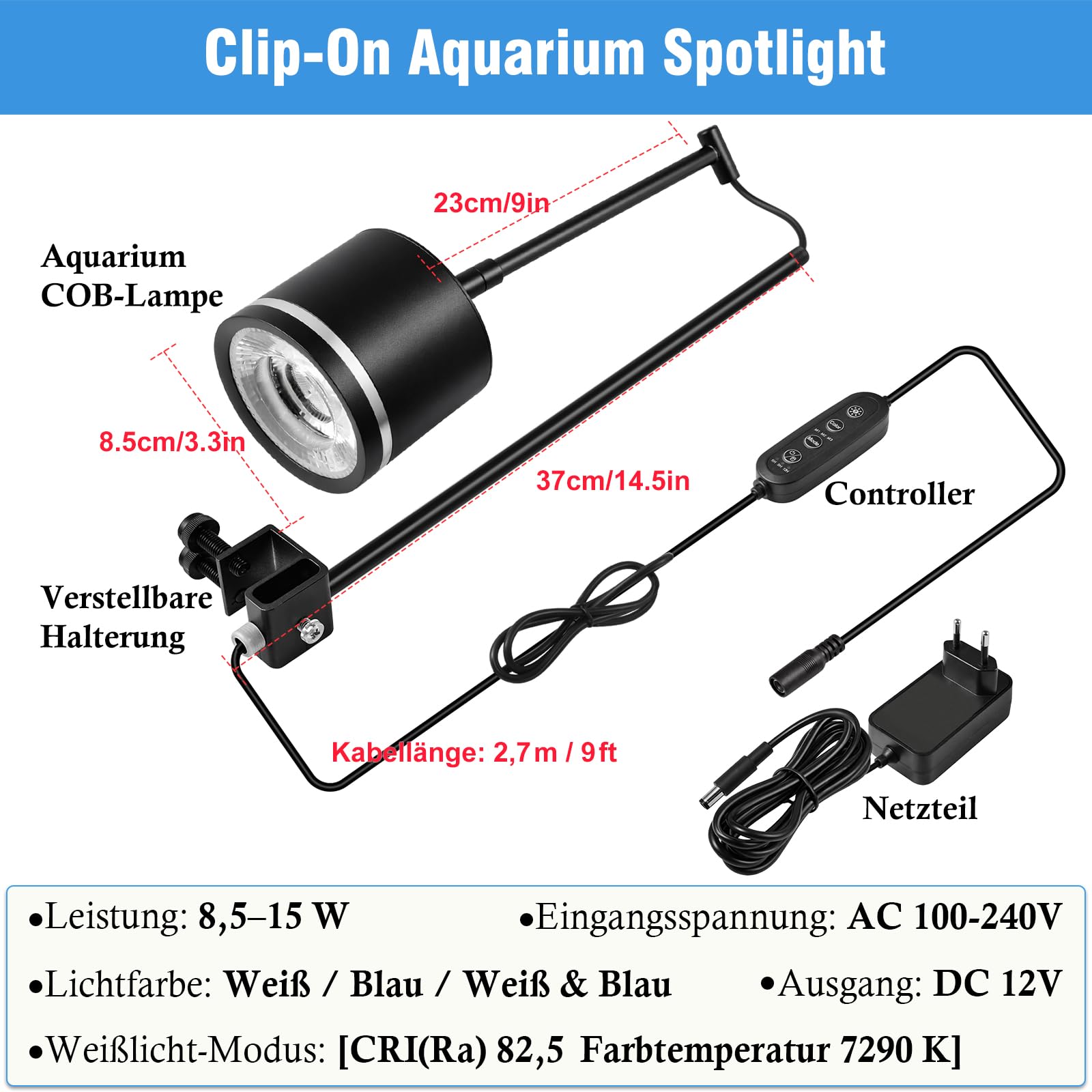 FEDOUR Clip-On Aquarium Beleuchtung, 8.5-15W Aquarien Lampe COB Spotlight mit Timer, 3 Licht Modus, 10-stufige Helligkeitseinstellung, Höhen- und Neigungsverstellbar, – für Süßwasser- und Riffaquarien