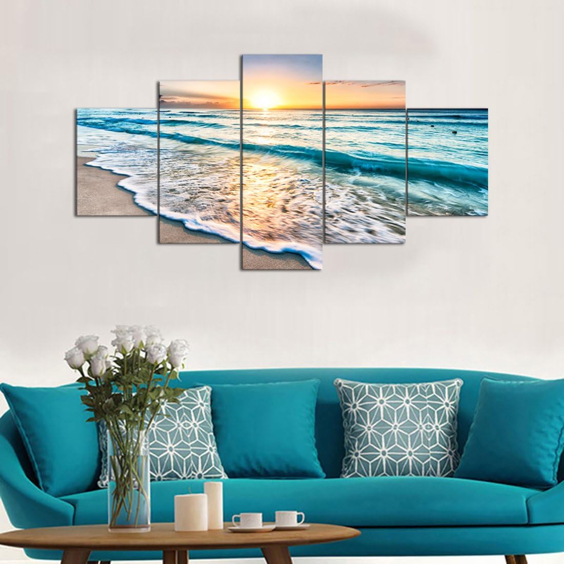 Yatsen Bridge Beach Ocean Painting on Canvas Wall Art, Modern Landscape Scenery Posters and Prints Pictures for Living Room Bedroom, Gallery-Wrapped Canvas Art Set Framed (60''W x 32''H) Medium Size Ocean_13