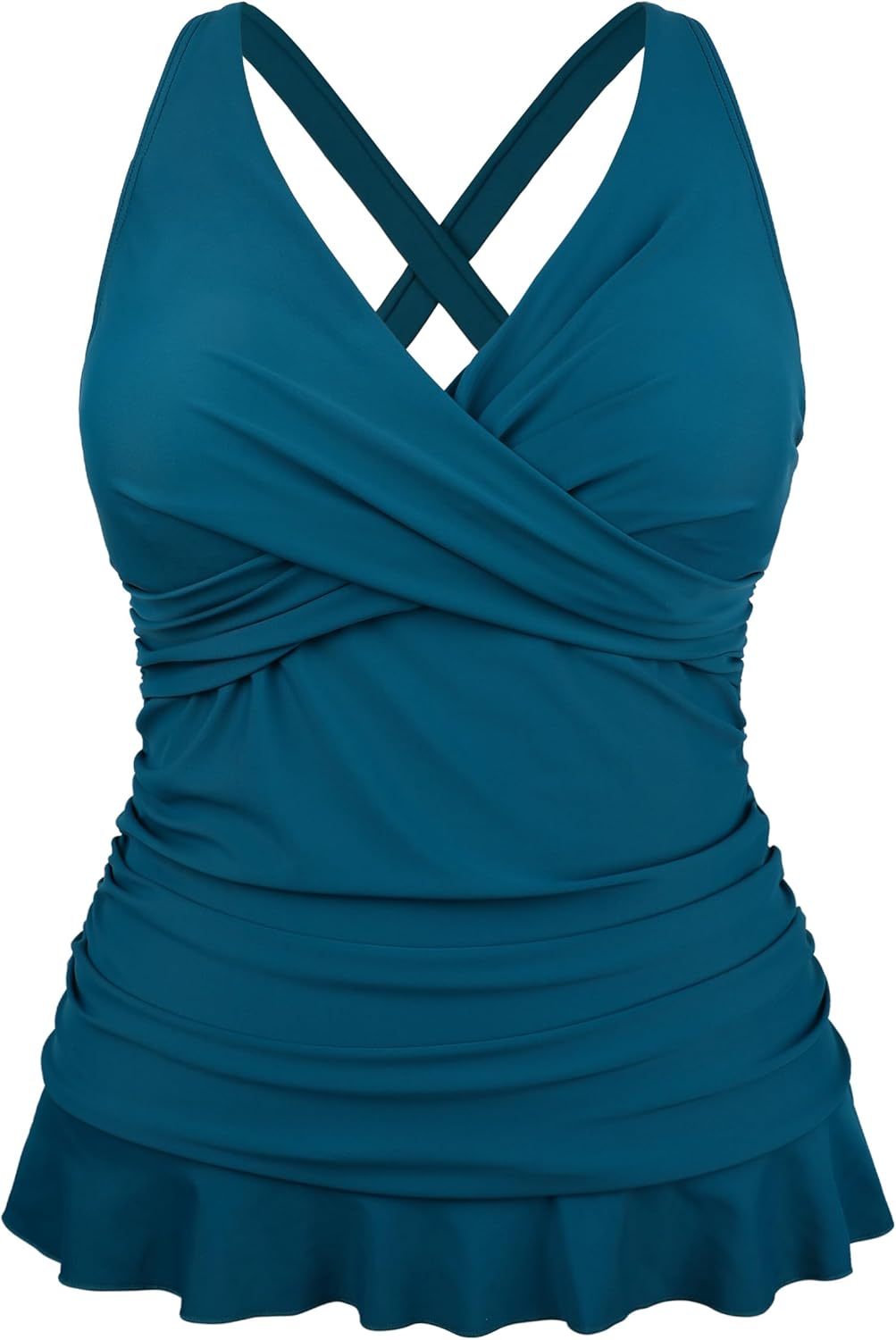 Hilor Women's Underwire Tankini Tops Tummy Control Swimsuits Crossover V Neck Swim Tops with Ruffle Hem