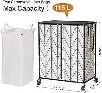Vista 3 de WOWLIVE Cesta de lavandería con ruedas, cesta de lavandería resistente con tapa de madera, cesta de ropa con bolsa interior extraíble dividida