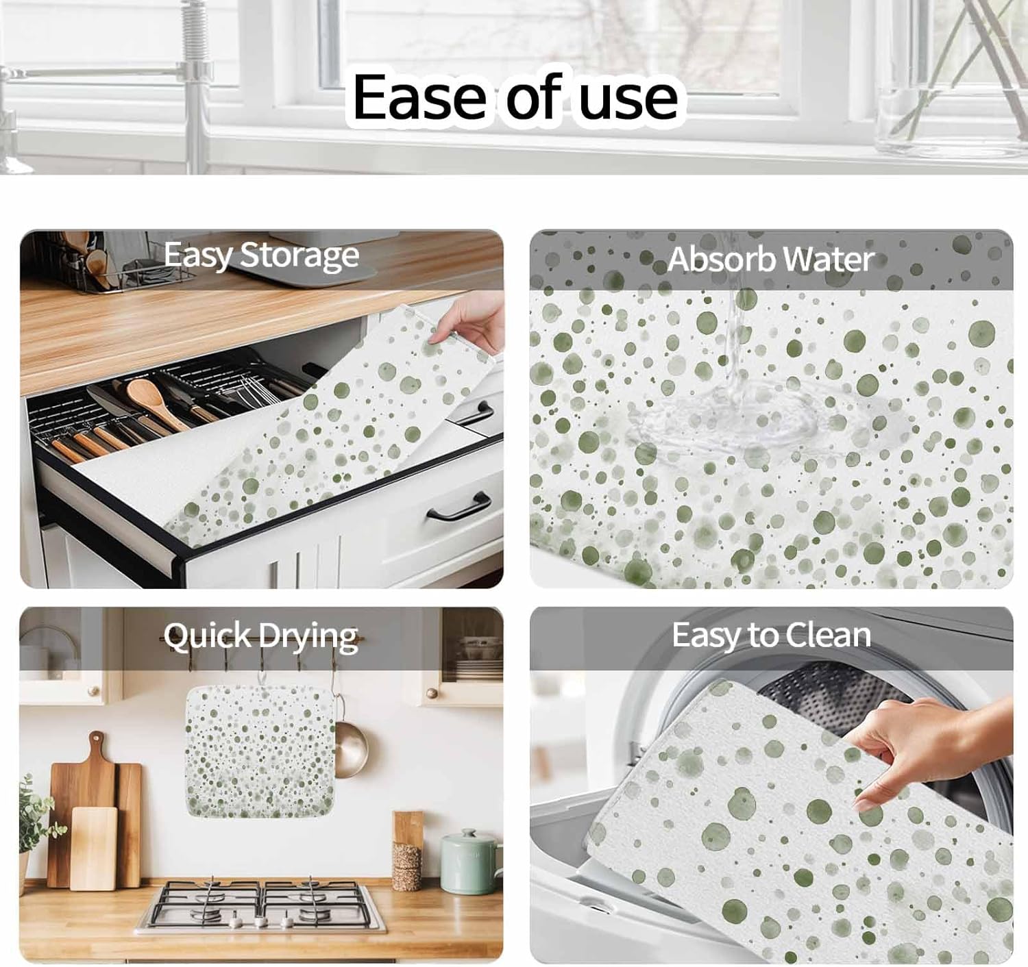 Watercolor Green Polka Dot Dish Drying Mats for Kitchen Counter,Absorbent Microfiber Dish Drainer Rack Mat Abstract Geometric Pattern Drying Pad for Sinks,Utensils,Countertops,18x24in