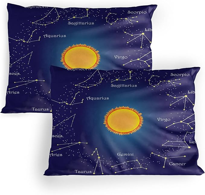 Lunarable Astrology Pillow Sham Set of 2, Celestial Star Chart Constellation Around Sun on The Sky Aries Sign, Quality Microfiber Bedding Item for All Seasons, 36