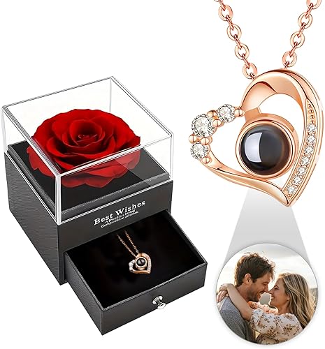 Rosa preservada con collar de proyección, collares personalizados para mujer, regalos del día de San Valentín para su esposa, novia, aniversario