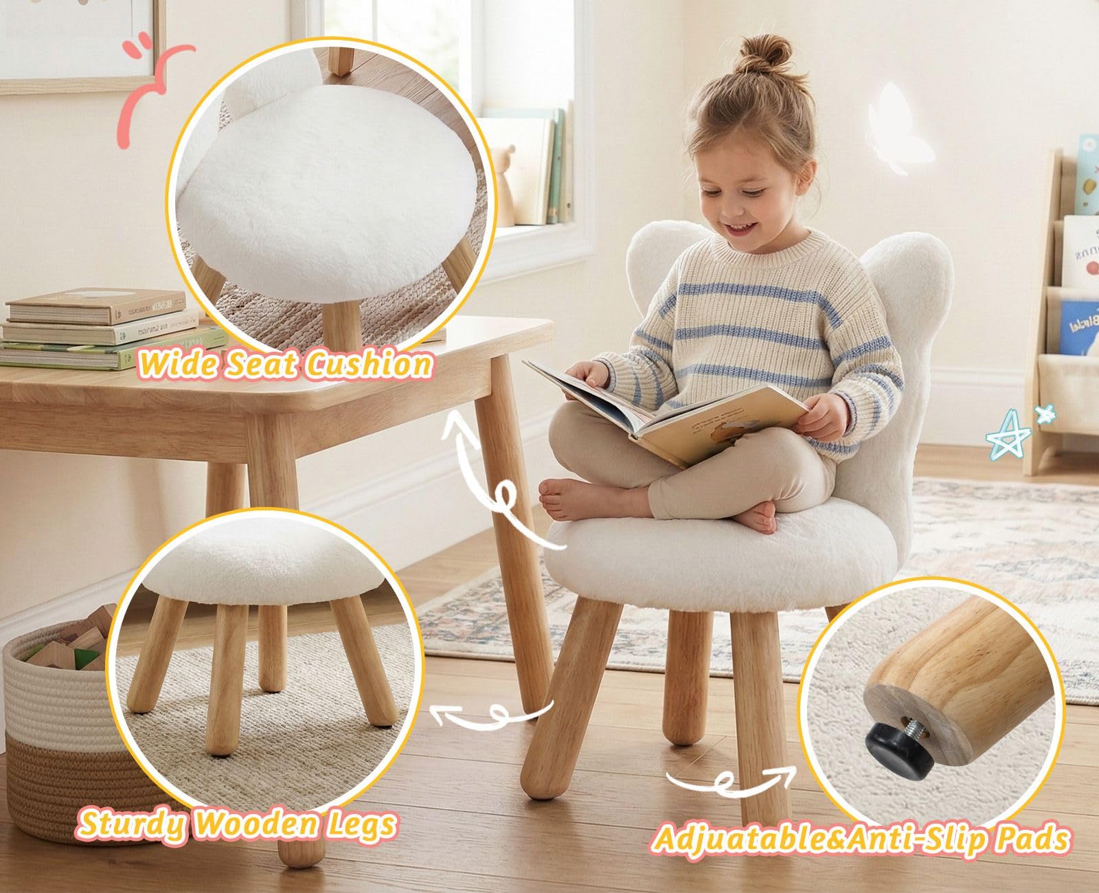 chairus Kindersessel Kunstfell Schmetterling, Weiß | Holzbeine, Gepolstert, Für Kinderzimmer, Für Spielzimmer