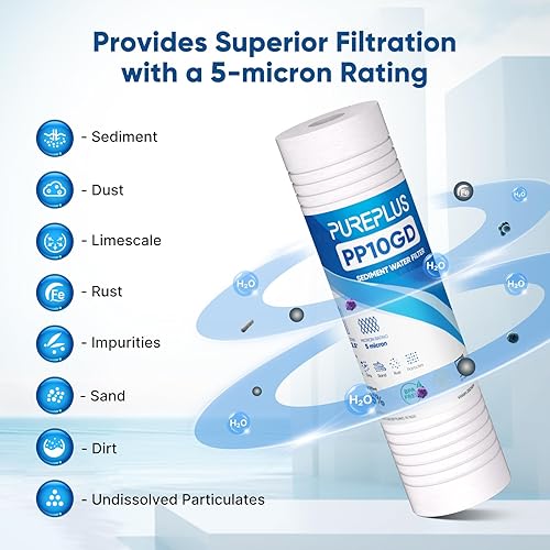 Miniatura 4 de PUREPLUS Filtro de agua de sedimentos para toda la casa de 5 micrones, 10 x 2.5 pulgadas, cartucho de repuesto de sedimentos ranurados para