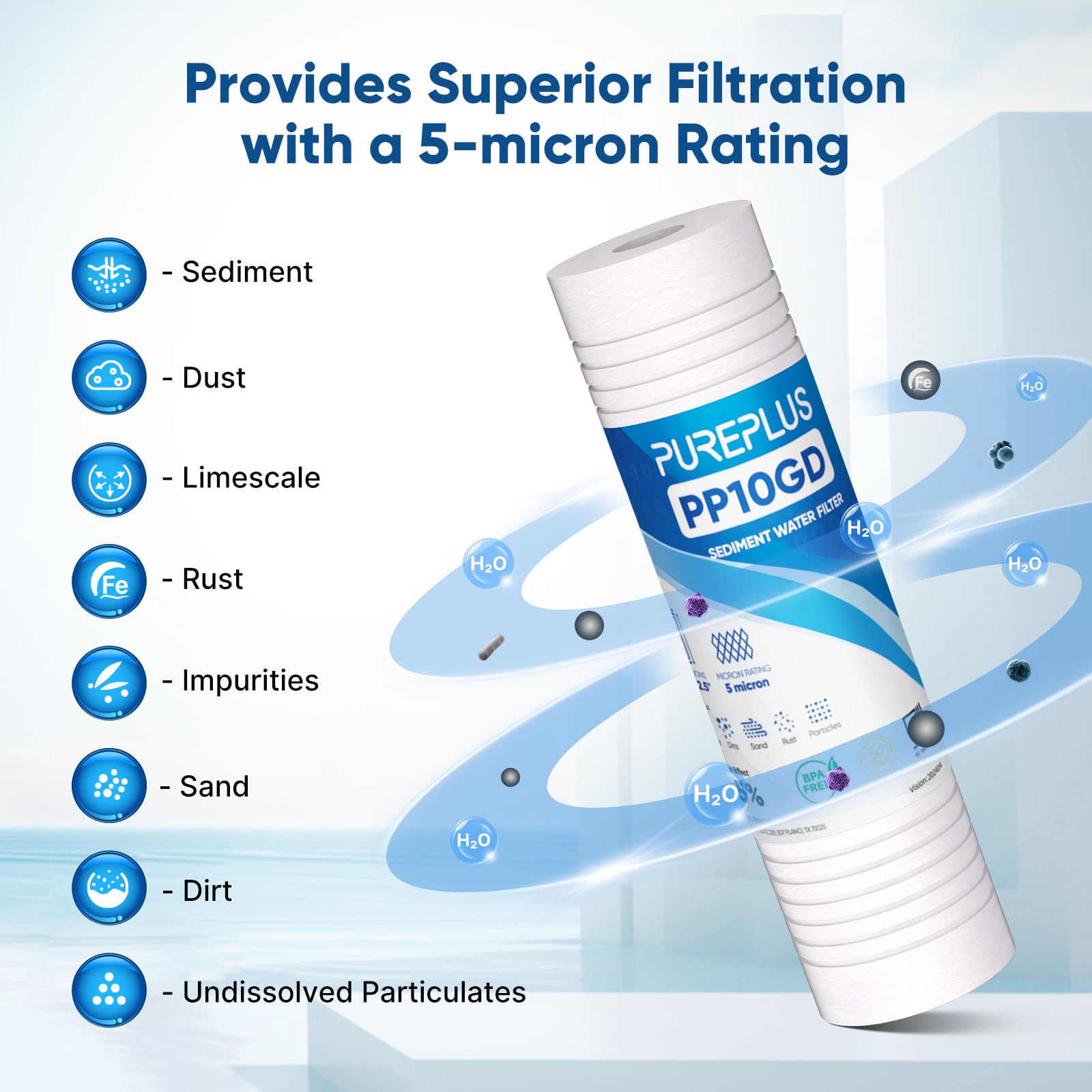 PUREPLUS Filtro dell'acqua per sedimenti domestici da 5 micron, 25,4 x 6,3 cm, cartuccia di ricambio scanalata per sedimenti, confezione da 6