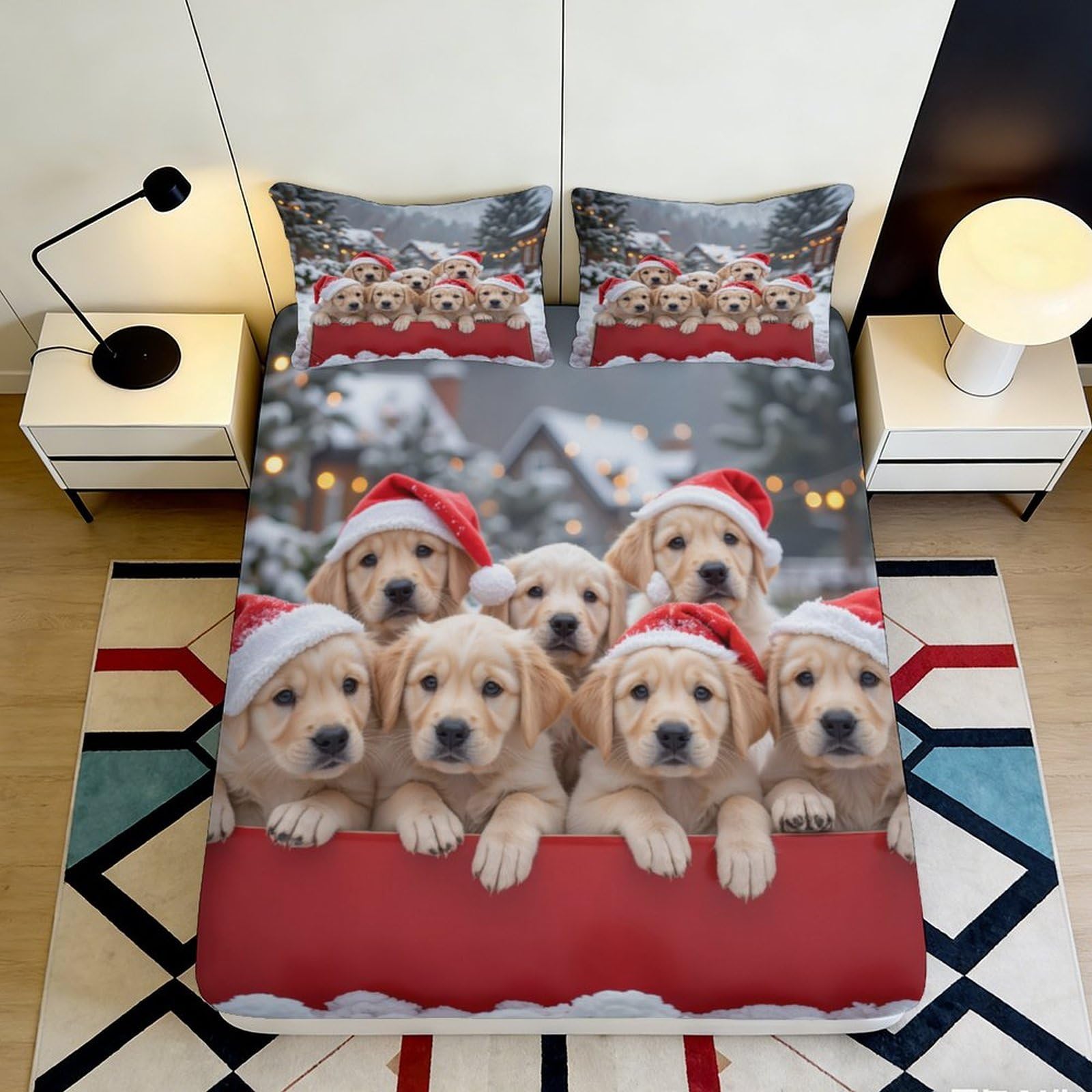 3D Printed Christmas Puppies Fitted Sheet Microfiber Soft Decorative Santa Dog Bed Cover for Bedroom Guest Room 90x200x25cm
