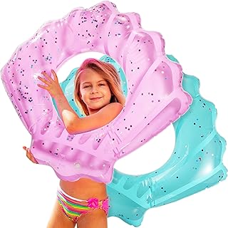 2 Pack Shell Swim Rings Pool Swimming Ring Confetti Seashell Pool Float Mermaid Float Girls Kids Shell Swimming Float Ring Inflatable Tube Float Raft Water Summer Beach Pool Party Decoration Pink Blue