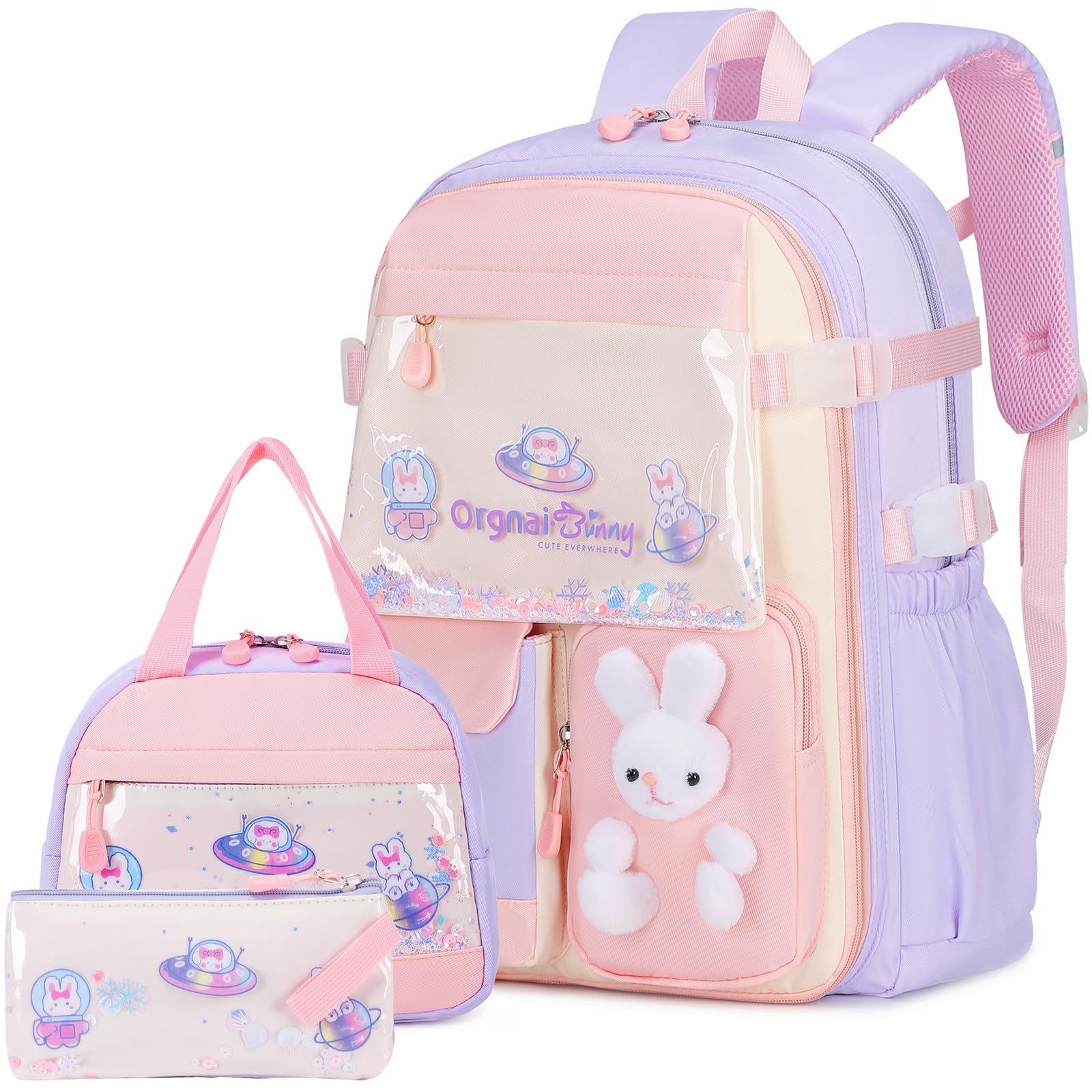 Tecoloy 3Pcs Cute Bunny Backpacks for Girls with Lunch Box & Pencil Case, Kawaii Book Bags for Kids Kindergarten to Middle School, Purple