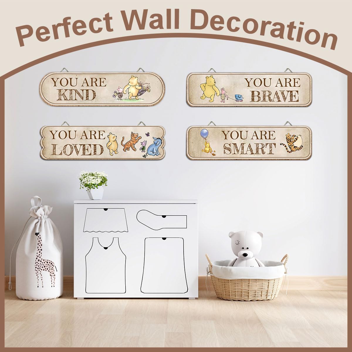 Hatzelou 4PCS Classic Winnie Baby Room Decor, Pooh Nursery Decor, the Pooh Wall Decor Sign Gifts, You Are Kind Brave Inspirational Quotes, Adorable Winnie Sign for Home Bedroom Nursery