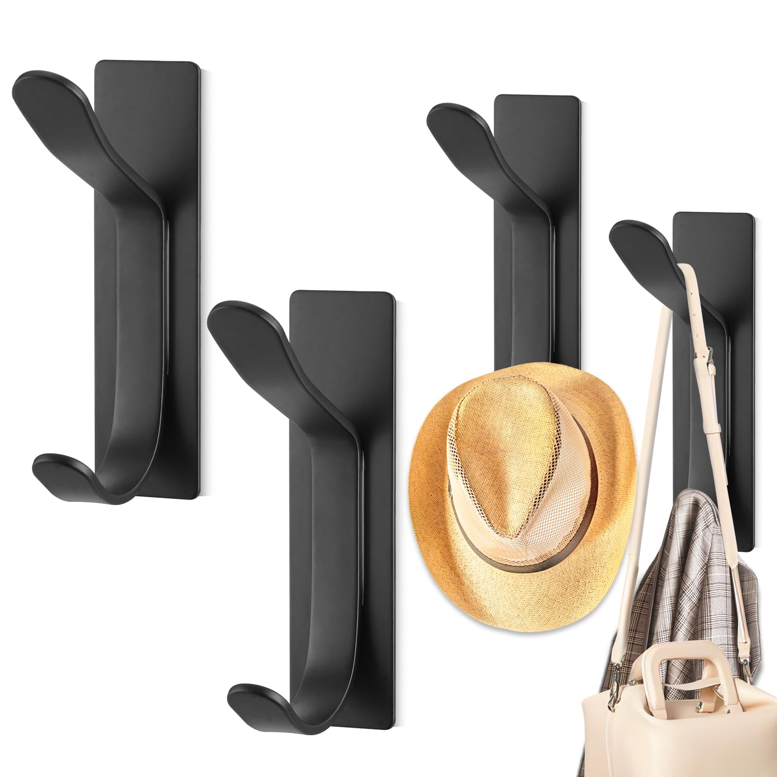 Pack De 2 Ganchos De Pared Adhesivos De Acero Inoxidable Mate Negro - Sin Taladro, Para Baño, Dormitorio Y Cocina