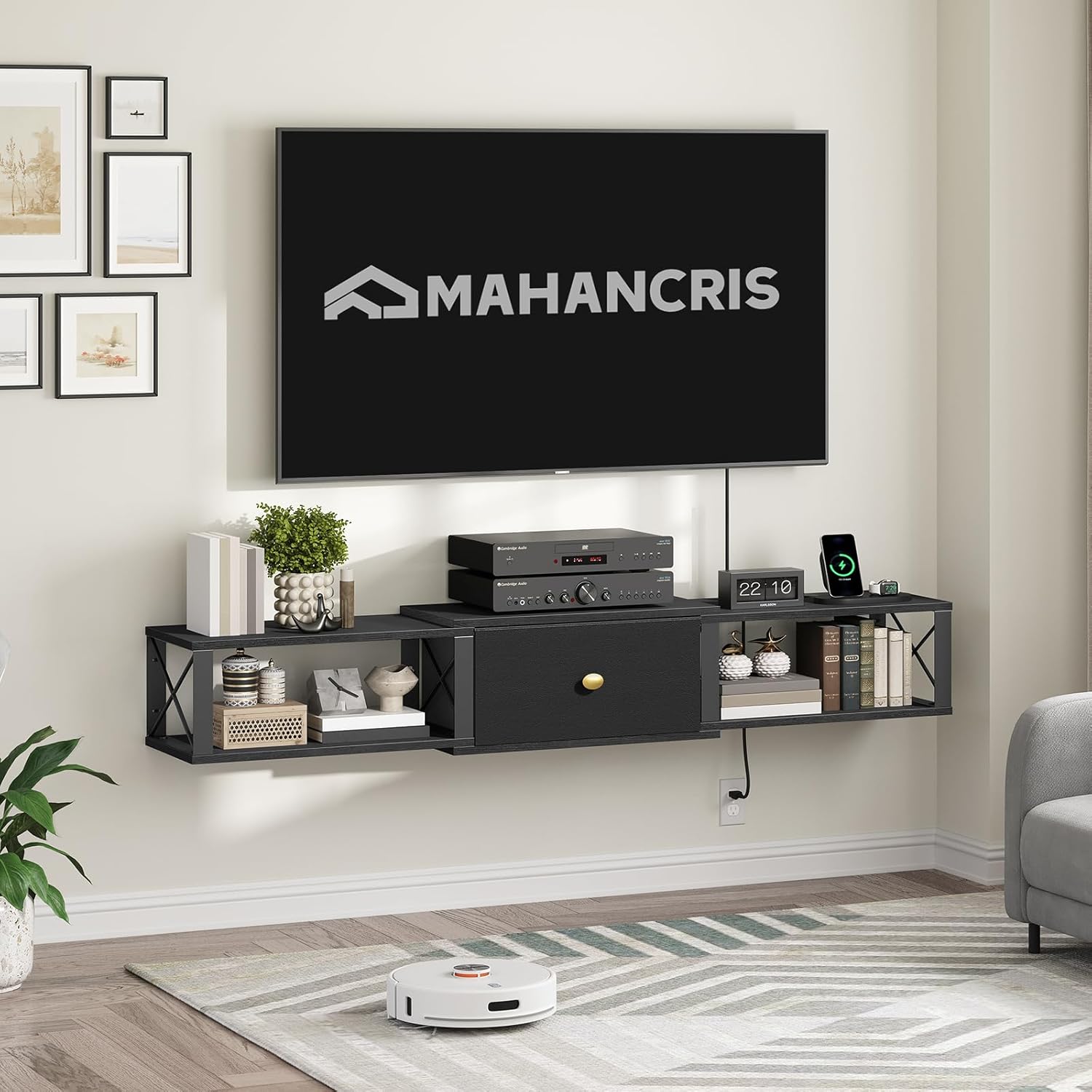 MAHANCRIS 63" Floating TV Stand with Power Outlet, Wall-Mounted TV Stand with Drawer, Floating Entertainment Center Media Console Shelf, for Under TV Storage, Living Room, Bedroom, Black TVBK202E01