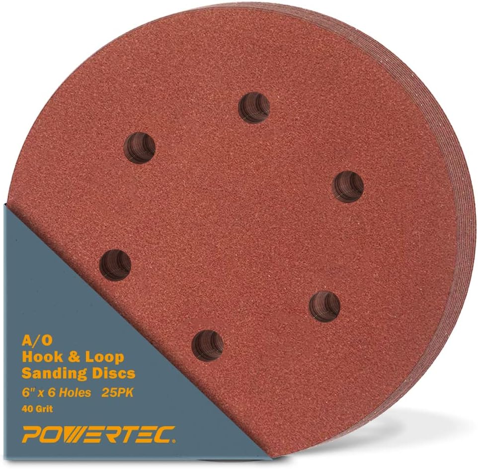 POWERTEC 45204 6 Hole Hook and Loop Sanding Disc, 6-Inch, Premium Aluminum Oxide 40 Grit Sandpaper - 25 PK : Sports & Outdoors
