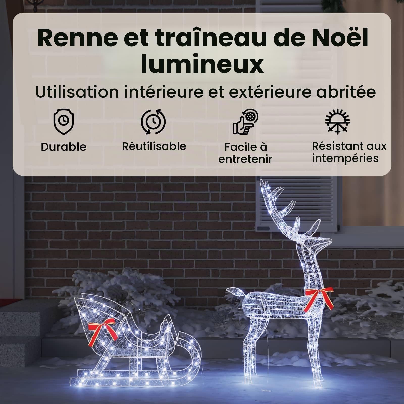 vidaXL Traîneau tiré par Un Renne Blanc Froid 70 x 26 x 130 cm, Sapin Moderne, déco en Rennes Durable, Figurine de Noël, lumières LED USB, déco Acrylique Minimaliste