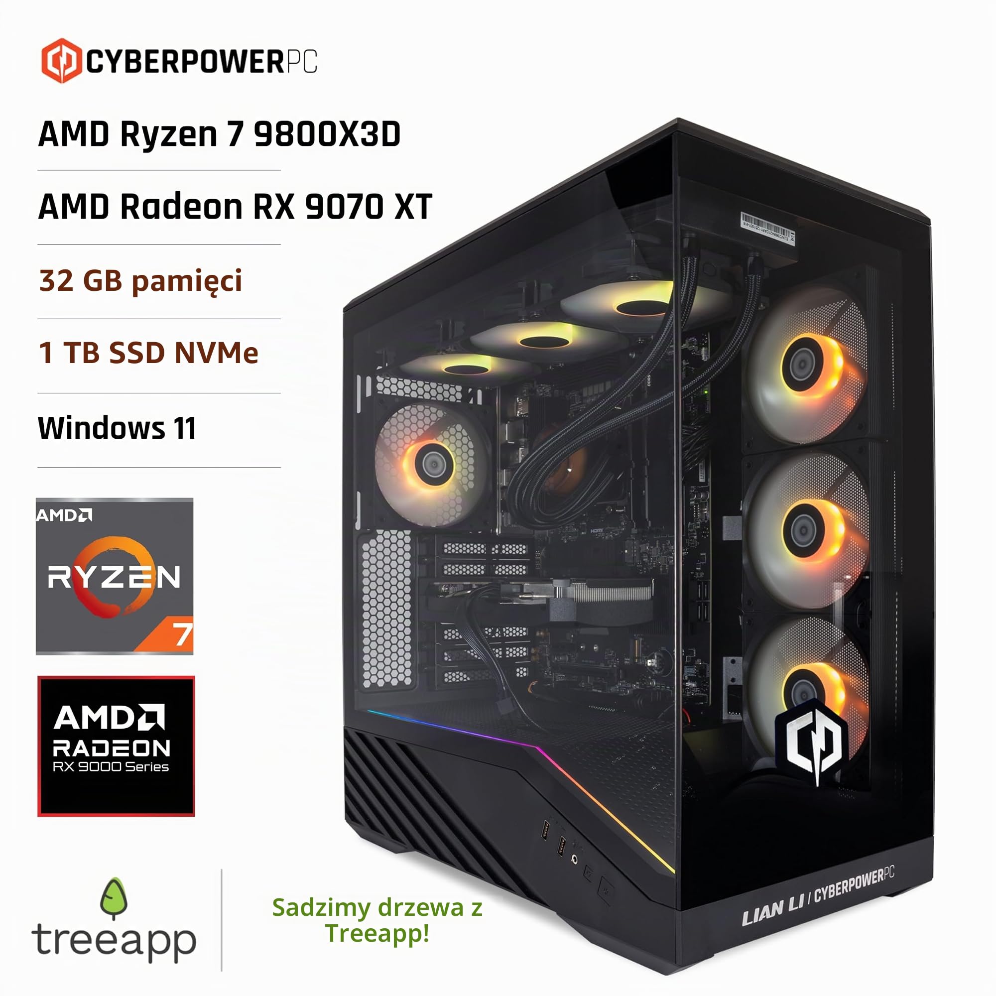 CyberPowerPC Luxe Gaming PC - AMD Ryzen 7 9800X3D, AMD RX 9070 XT, 32GB RAM, 1TB NVMe SSD, 750W PSU, Windows 11, Liquid Cooling, V100R